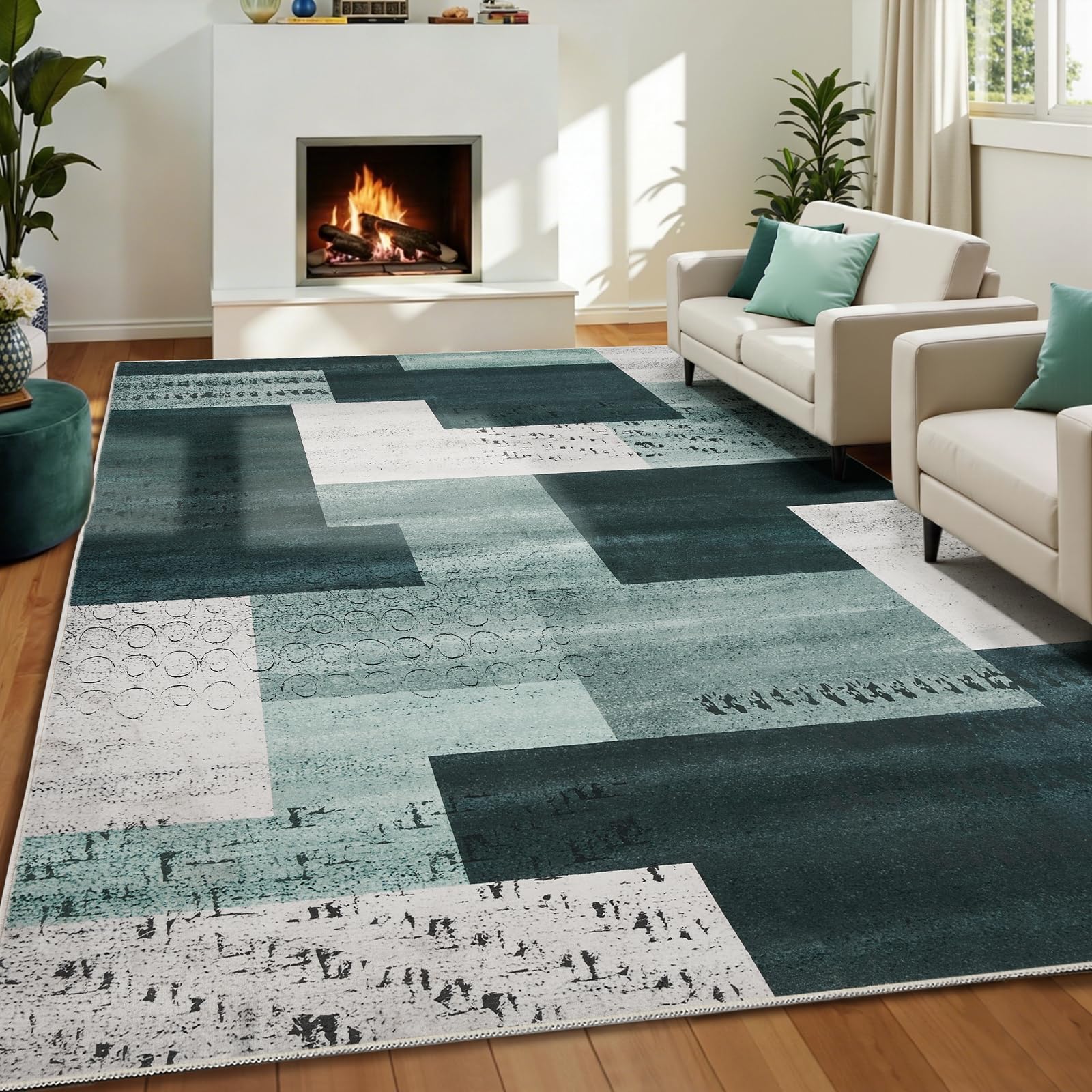 Wohnzimmerteppich 200x280 cm, waschbarer geometrischer Teppich fürs Schlafzimmer, kurzflorig, weich und rutschfest, abstrakter großer Teppich für Klassenzimmer, Esszimmer, Büro, Kinderzimmer, Blau