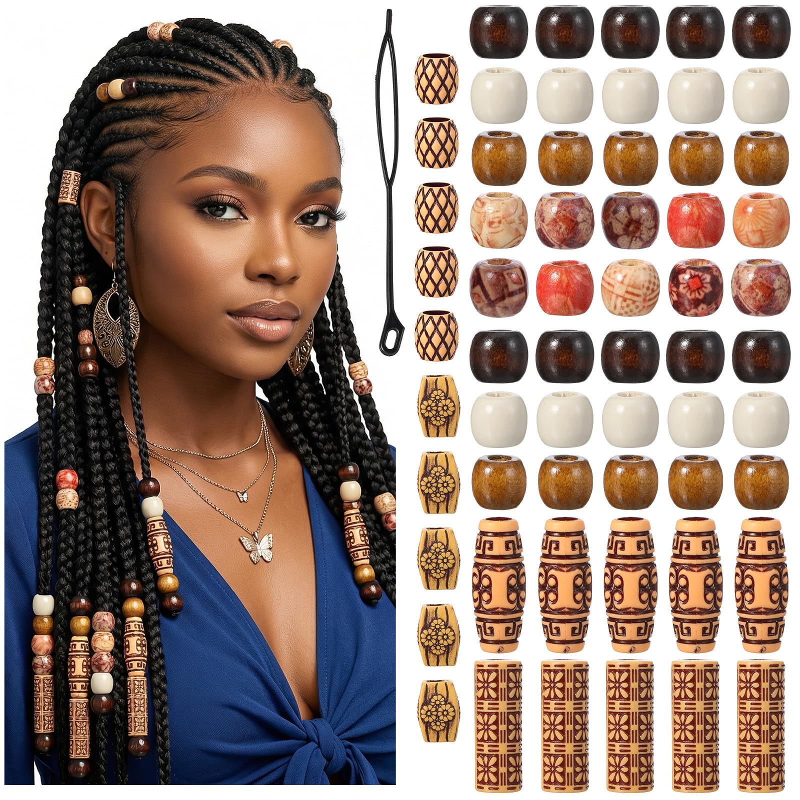 60pcs Wood Hair Beads for Braids Dreadlocks, Painted Wooden Beads for Hair with 1 Braiding Tool, Vintage Multi Style Braid Bead for DIY Jewelry Making Hairs Decoration