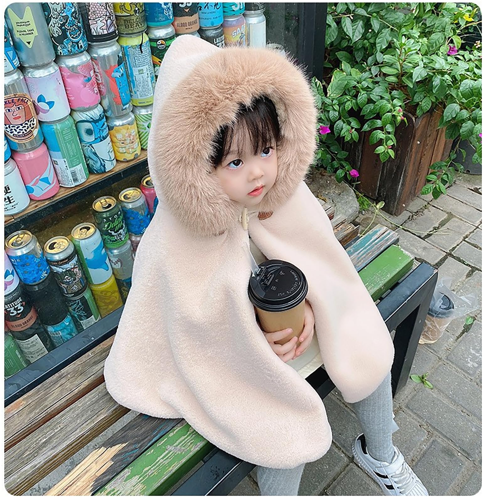 Nemopter Baby Girls Hooded Cape Poncho Scarf Outdoor Warm Winter Hooded Jacket Princess Cape, khaki, 6-12 Monate - Image 2