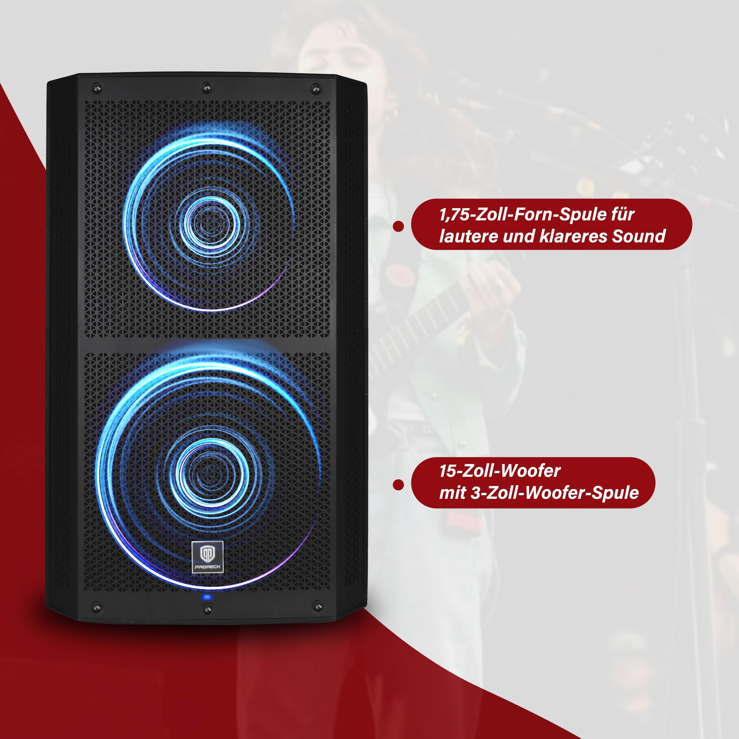 PRORECK SP-15 38 cm (15 Zoll) 1400W P.M.P.O Aktiv-Bühnenmonitor mit 3-Kanal-Eingängen, Bluetooth & DSP – PA-Box für Kirche/Hochzeit/Konferenz/Veranstaltungssaal