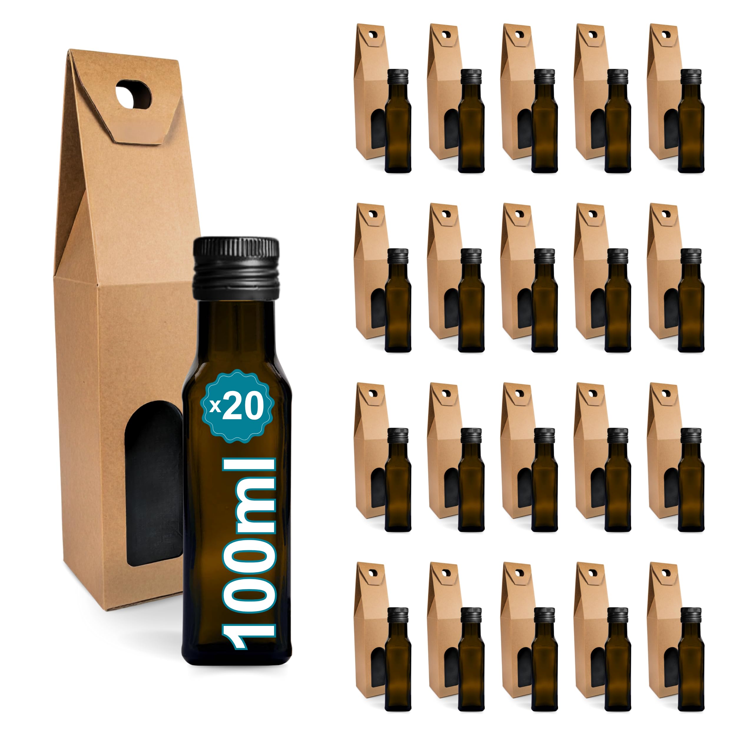 Espirito Rebelde 20 mini bottiglie in vetro scuro, 100 ml, con tappo a vite, nero + 20 lattine | piccole bottiglie per olio d'oliva, aceto, alcool, bottiglia campione