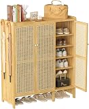 unho Bamboo Shoe Storage Cabinet: Wooden Shoes Rack Organiser with 3 Rattan Doors for Hallway Entryway 5 Tier - 1