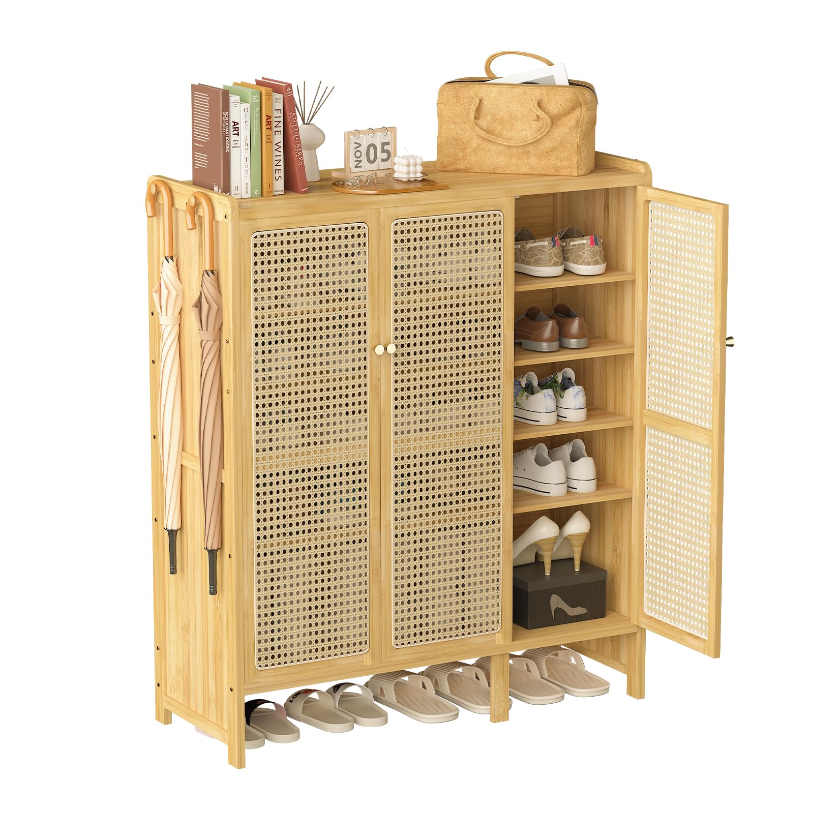unho Armadietto Portascarpe a 5 Ripiani in Bambù: Scarpiera Legno con Ante 4 Ganci Scarpiera Ingresso Corridoio Grande Capacità Design Moderno, 90,5x35x107 cm