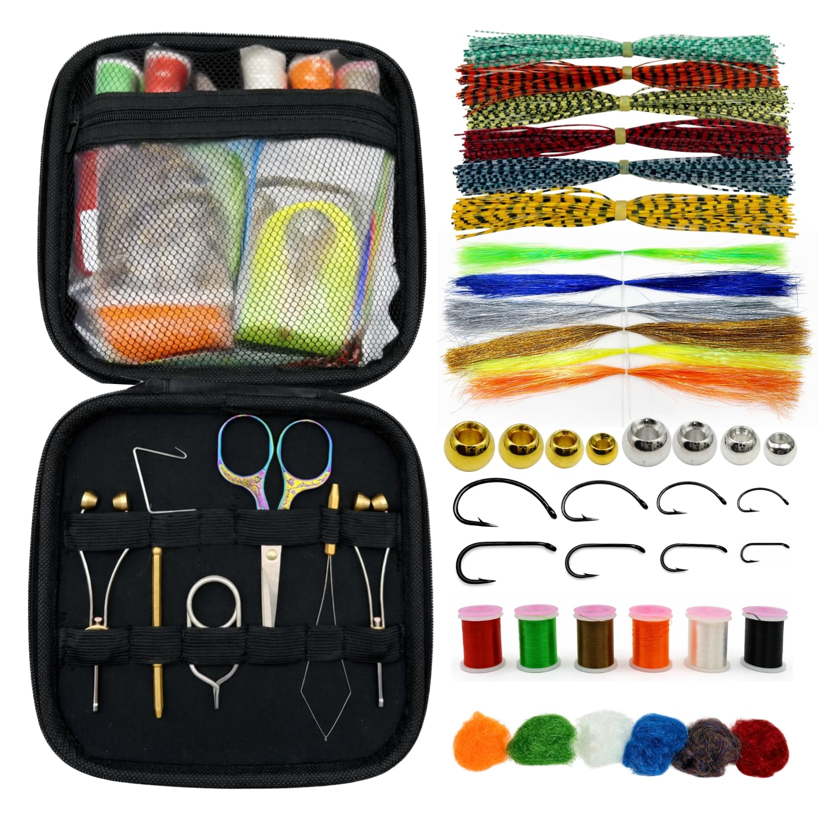 Fly Tying Kit with Tools and Synthetic Fiber Hanks - Multi-Color Starter Set for Fly Fishing Lure Building and Jig Making, Includes Bobbin Hooks Scissors Beads Whip Finisher with Carry Bag