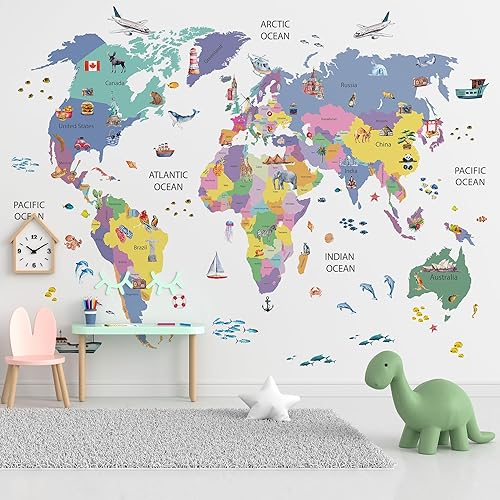 Miniatura 1 de Papel tapiz para habitación de niños con animales, mapa del mundo, papel tapiz para guardería, despegar y pegar, murales de pared para niños y