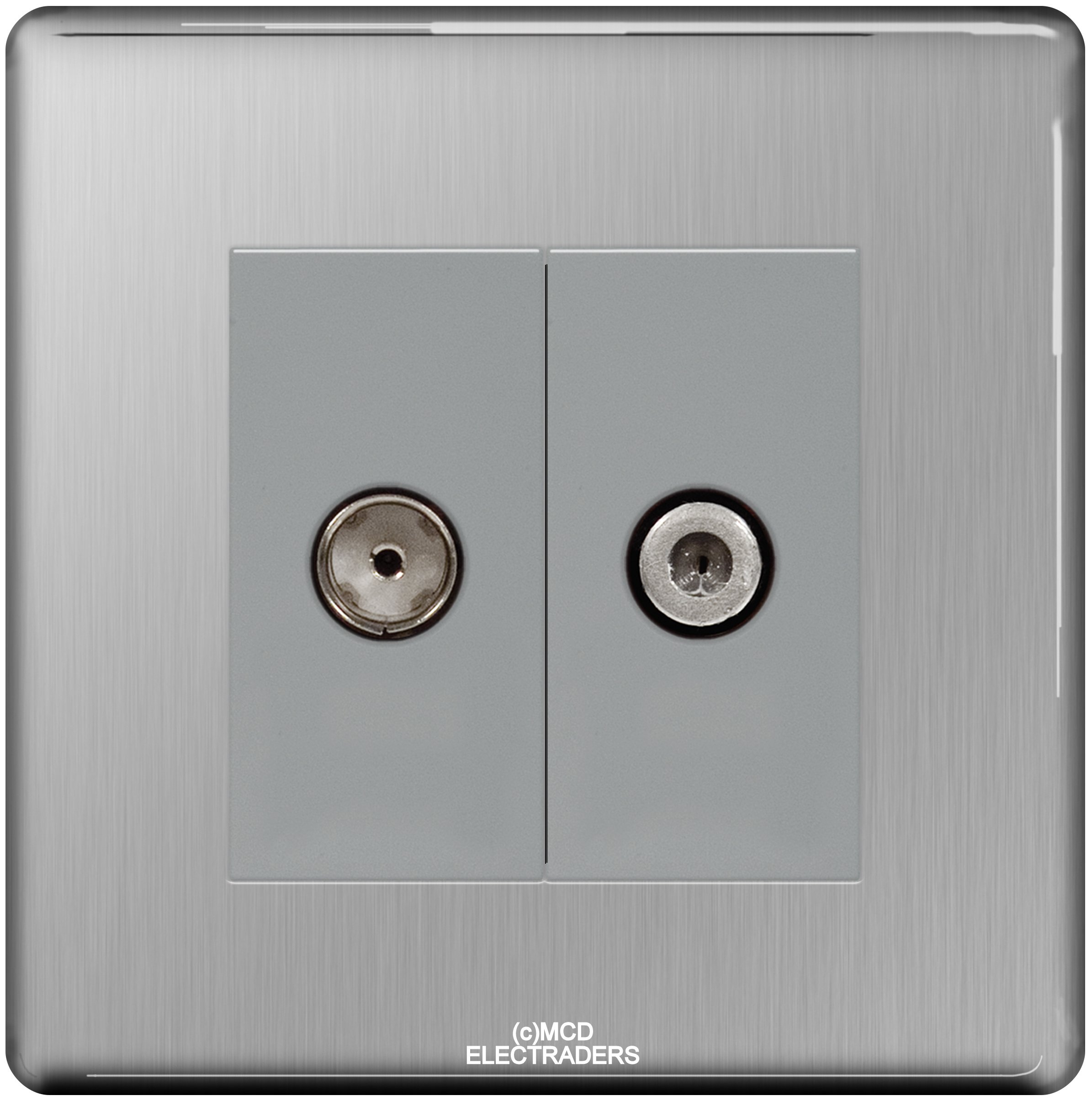 Bg Screwless Flatplate Fbs65 2 Gang Satellite And Coaxial Socket (Brushed Steel/Grey Insert) 5050765006422