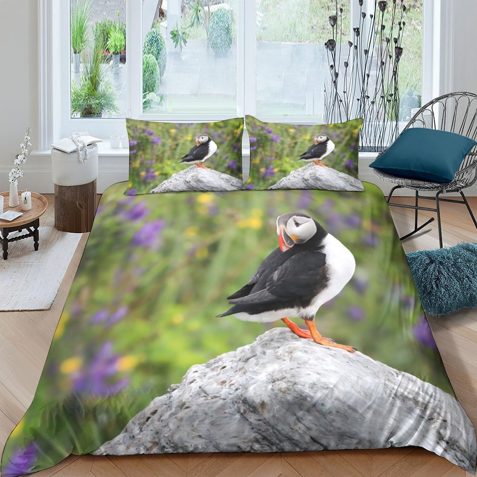 Ctjqhvkz Style-2 3D Printed Puffin Meadow Fitted Sheet Microfiber Soft Breathable Seabird Bed Cover For Bedroom Guest Room Decor Single（135X200cm）