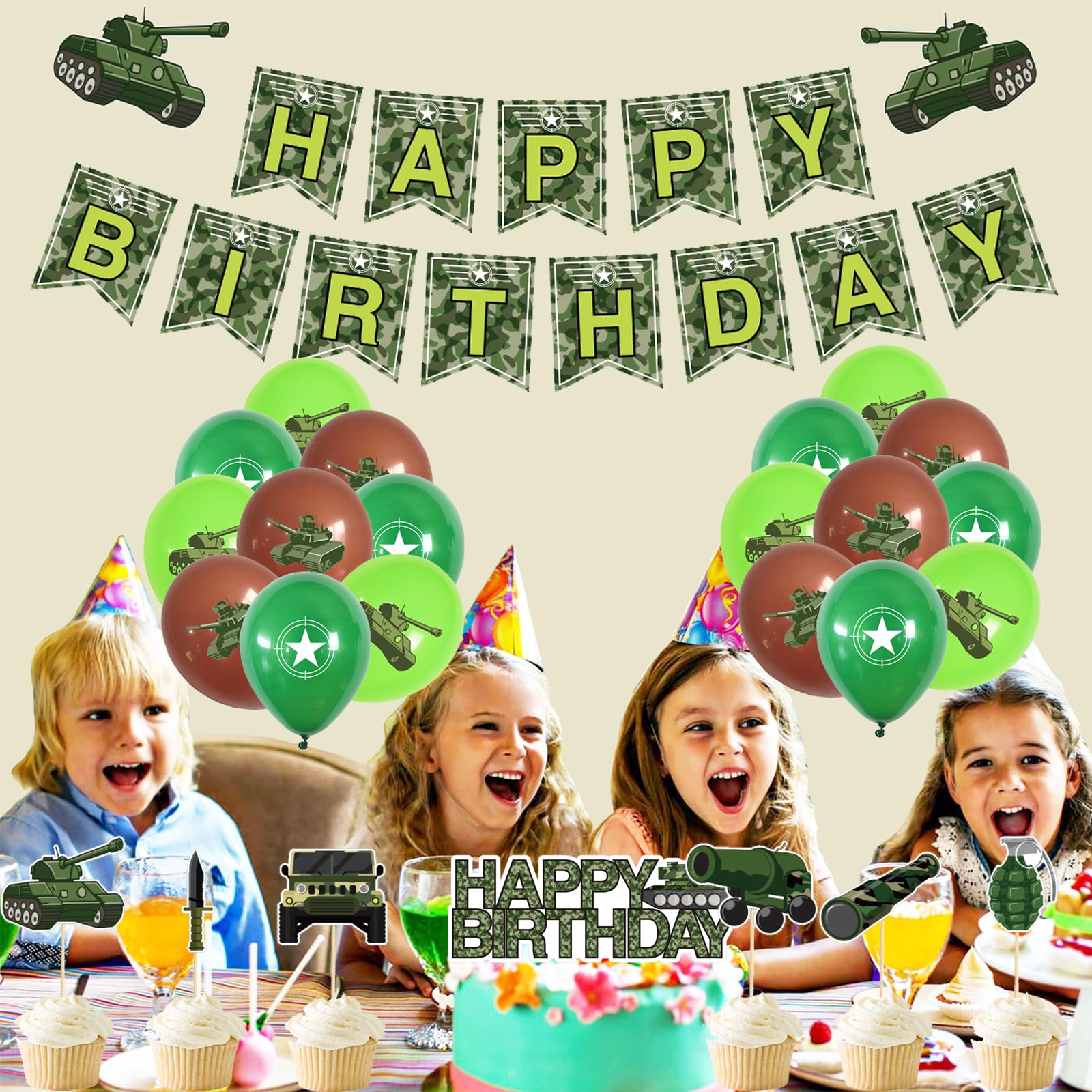 Décorations De Fête D'anniversaire De Camouflage, Bannières De Fanion De Joyeux Anniversaire De Militaire Star Green Camo Ballons Décorations De Gâteaux Soldat Chasse Thème Fête D'anniversaire
