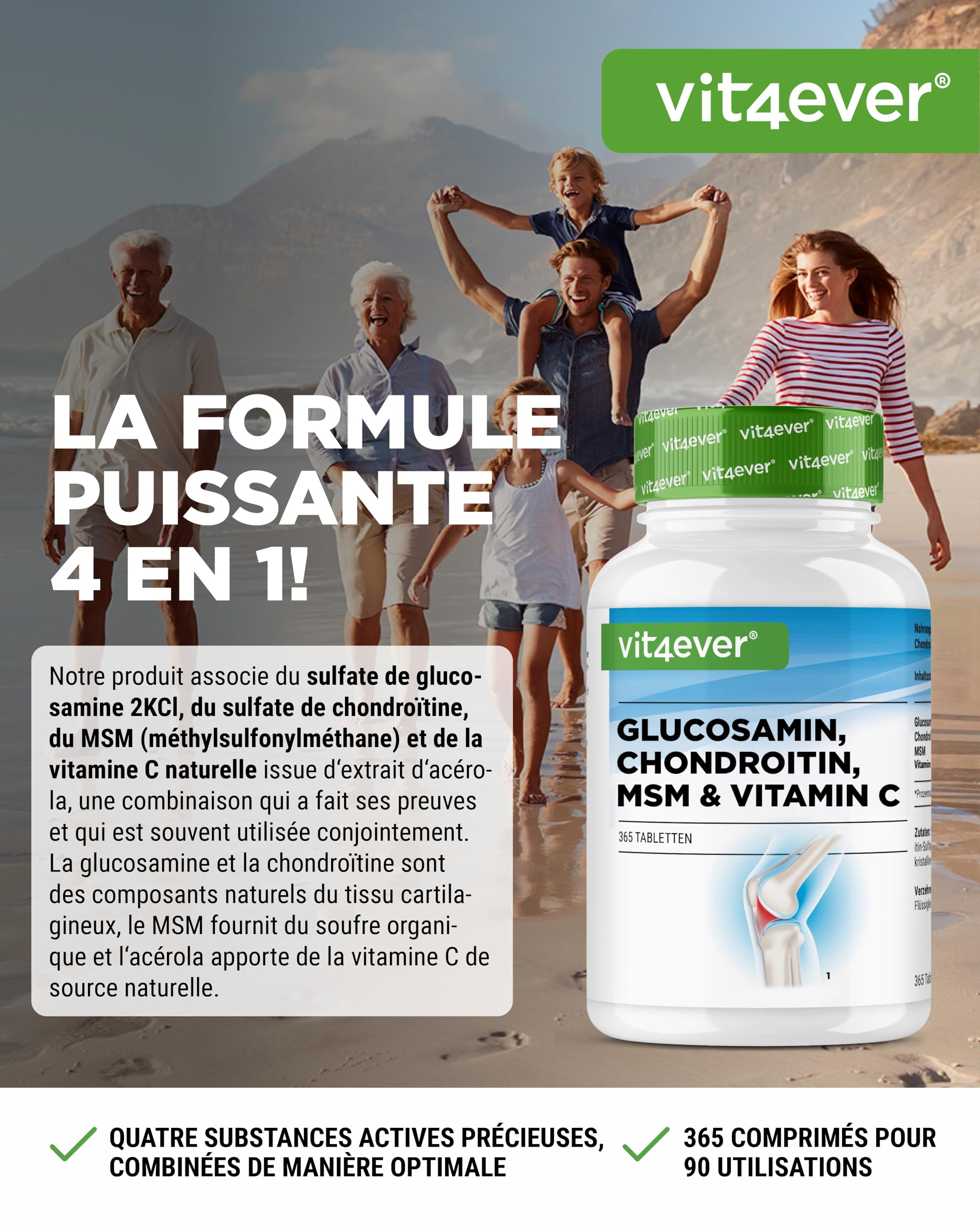 Glucosamine Chondroïtine MSM - 365 Comprimés - Hautement Dosé à 2000 mg par Jour - 3 Mois d'Approvisionnement - sans Additifs Indésirables | 1000 mg de glucosamine, 500 mg de chondroïtine, 500 mg de MSM, 99,9 % de pureté MSM
