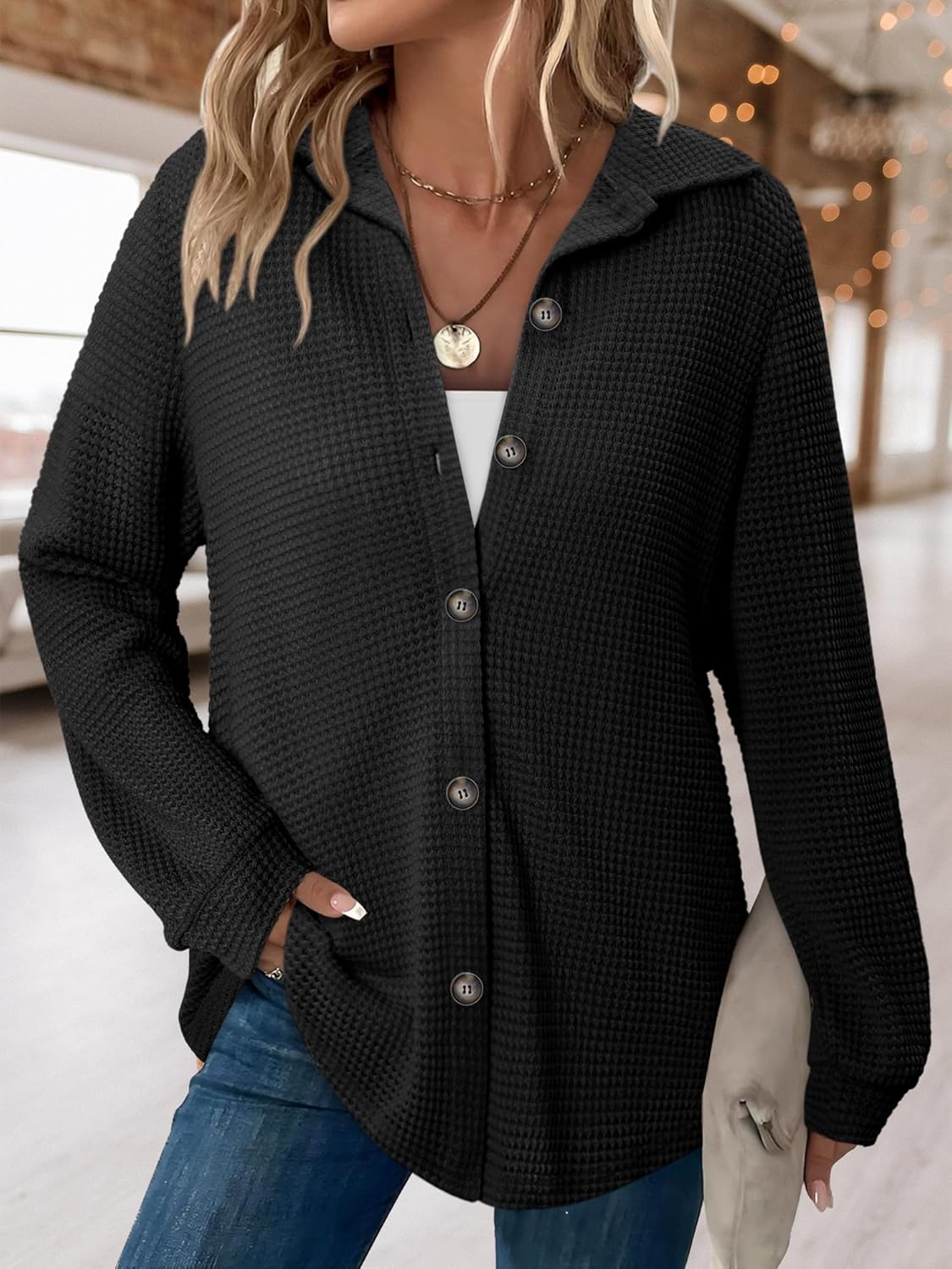 BETTE BOUTIK Womens Long Sleeve Waffle Knit Tops Fall Winter V Neck Casual Fashion Shirts - Image 3