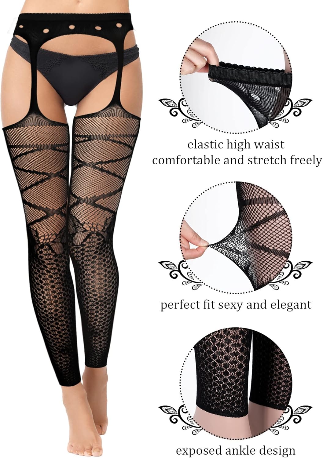 Skylety 6 Pairs Fishnet Stockings for Women Plus Size Thigh-high Tights Stockings Suspender Pantyhose Garter Belts - Image 4