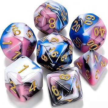 CiaraQ Polyhedral Dice Set, 7 Pieces Acrylic RPG Dice for D&D with Black Velvet Bag Pink, Blue, Black & White Swirl Standard Size Ages 14+