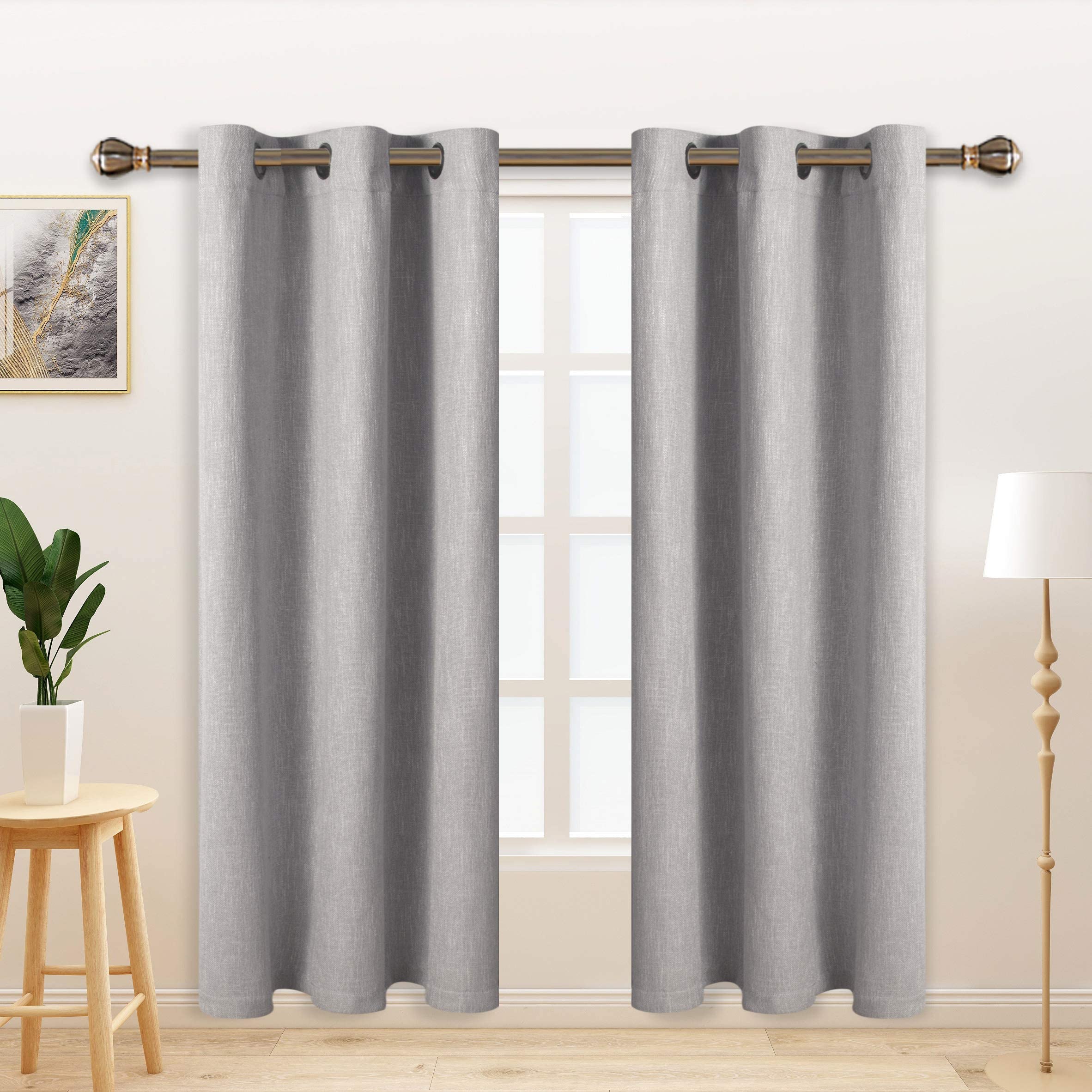 LORDTEX Linen Look Textured Blackout Curtains with Thermal Insulated Liner - Heavy Thick Grommet Window Drapes for Bedroom, 40 x 84 Inches, Silver,
