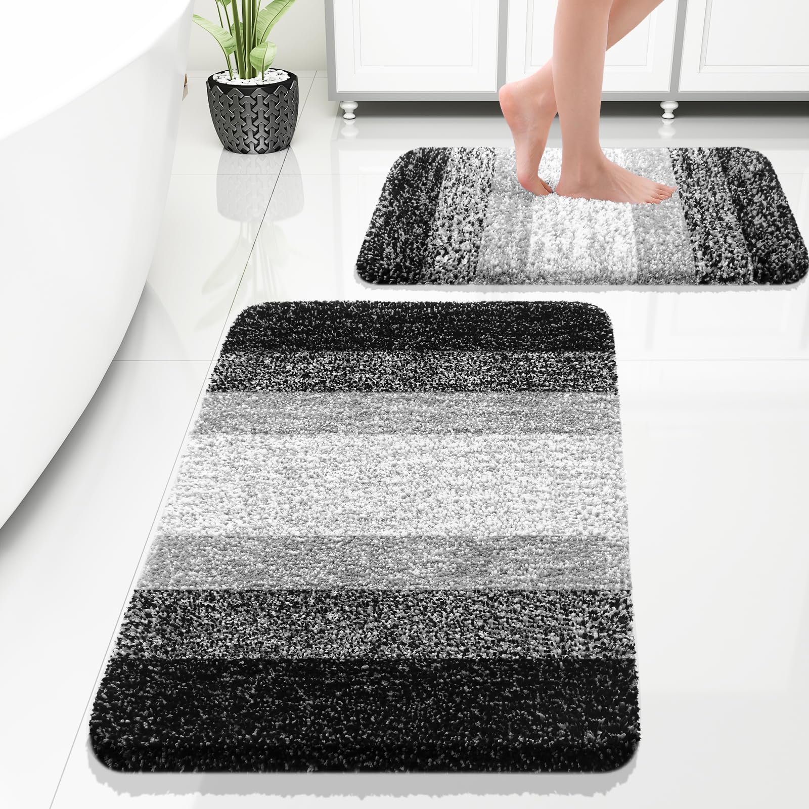 OLANLY Bathroom Rug Set 2 Piece, Soft Absorbent Microfiber Bath Rug Set, Non-Slip, Machine Wash Dry, Plush Shaggy Bath Mats for Bathroom (30"x20"+24"x16", Black) — image 1