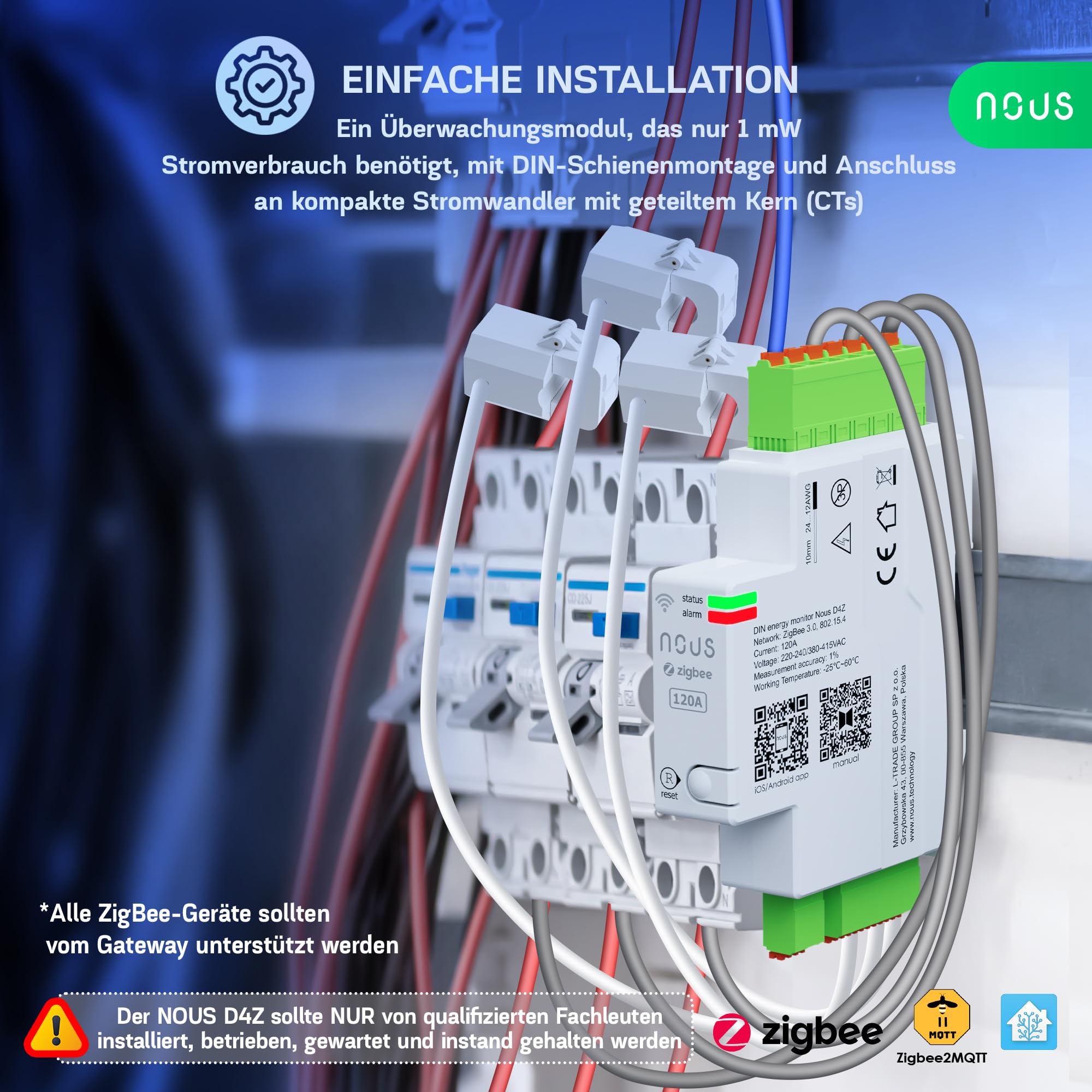 NOUS ZigBee Smart DIN Stromzähler 120A, Energieverbrauchsmonitor, Kompatibel mit Alexa & Google Home, DIN-Schienenmontage, Echtzeit-Überwachung