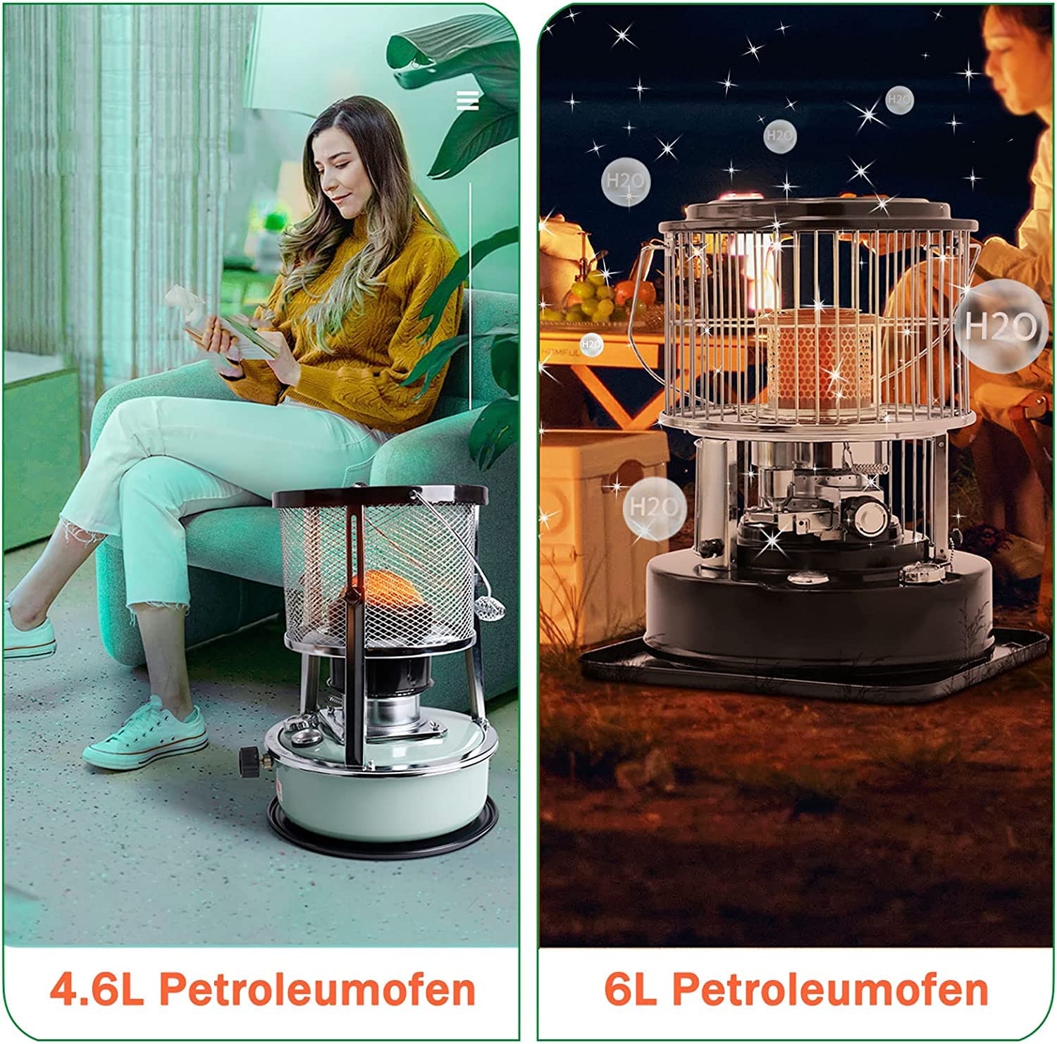 Petroleumofen für Innenräume, Ohne Strom Mobile Petroliumheizer Petroleum Heizung Heizer mit Umfallschutz und Löschautomatik 360° Heizstrahler für Indoor Zeltheizung Camping Kochen Notheizung (6L)