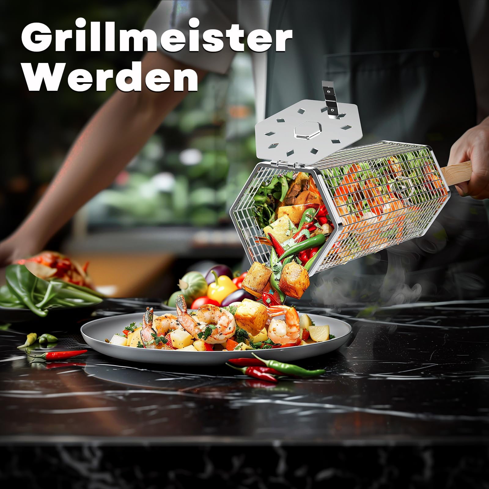 Rollender Grillkorb Set, 2-teilig – 304 Edelstahl, Stapelbar, Mit Holzgriff, Für Gemüse & Fleisch