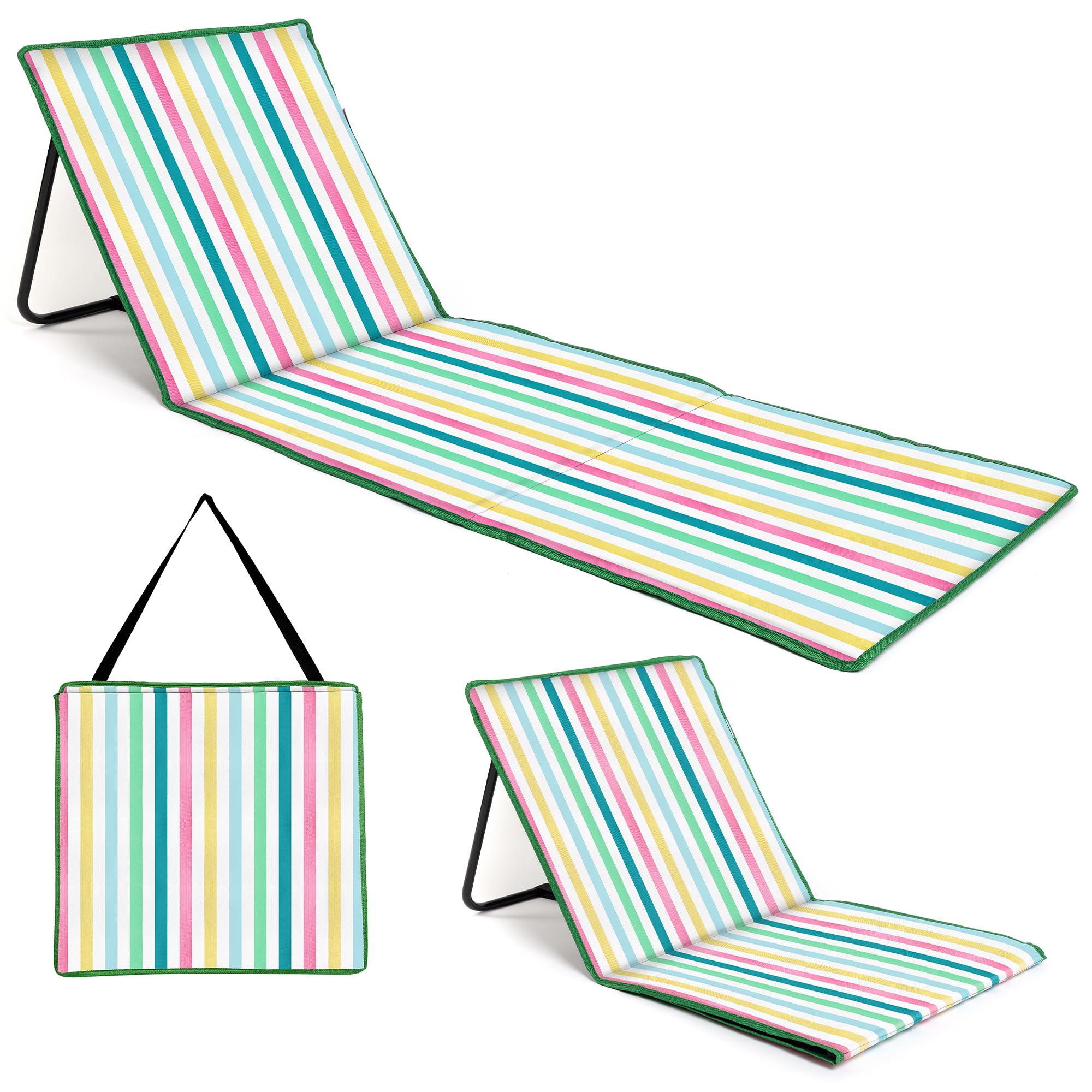 just be... Beach Sun Mat Folding Lightweight Portable Adjustable Sunbathing Recliner with Backrest Support and Valuables Pocket for Holidays Garden Camping Park Festivals - Light Multicolour Stripes