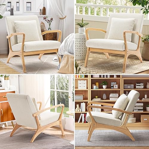 Miniatura 27 de CDCASA Silla decorativa moderna Mid-Century con cojín, 28.3 pulgadas de largo, sillas tapizadas de tela de lino con marco de madera para sala de
