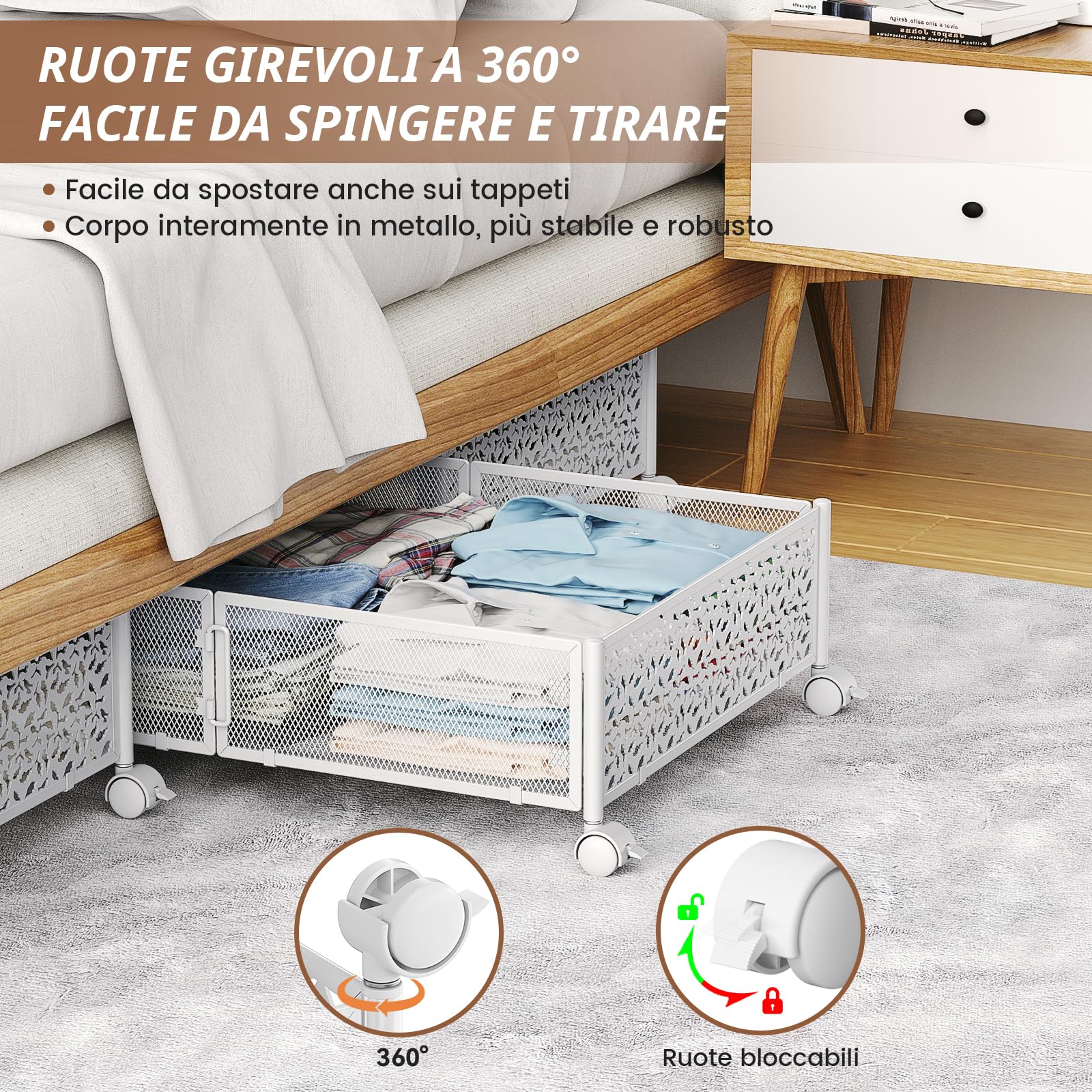 Confezione da 4 contenitori portaoggetti sotto il letto, contenitori