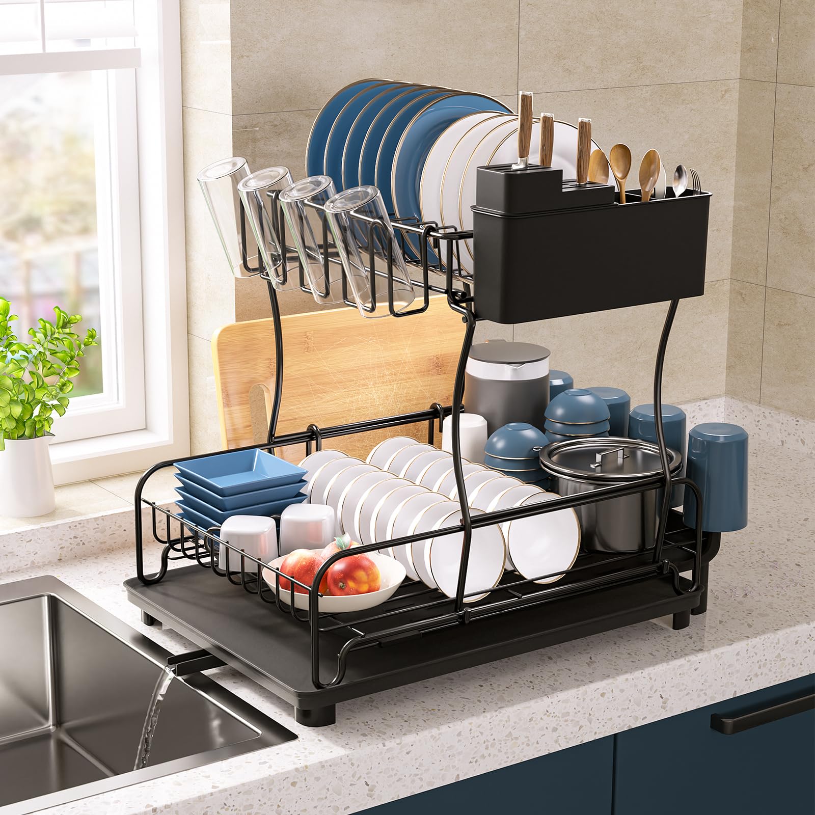Levede Silver And Grey 2-Tier Dish Drying Rack With 360° Rotating Drainboard Rustproof Carbon Steel Kitchen Dish Drainer With Cutlery Holder & Removable Drip Tray, Space-Saving Counter Organisation For Small Kitchens
