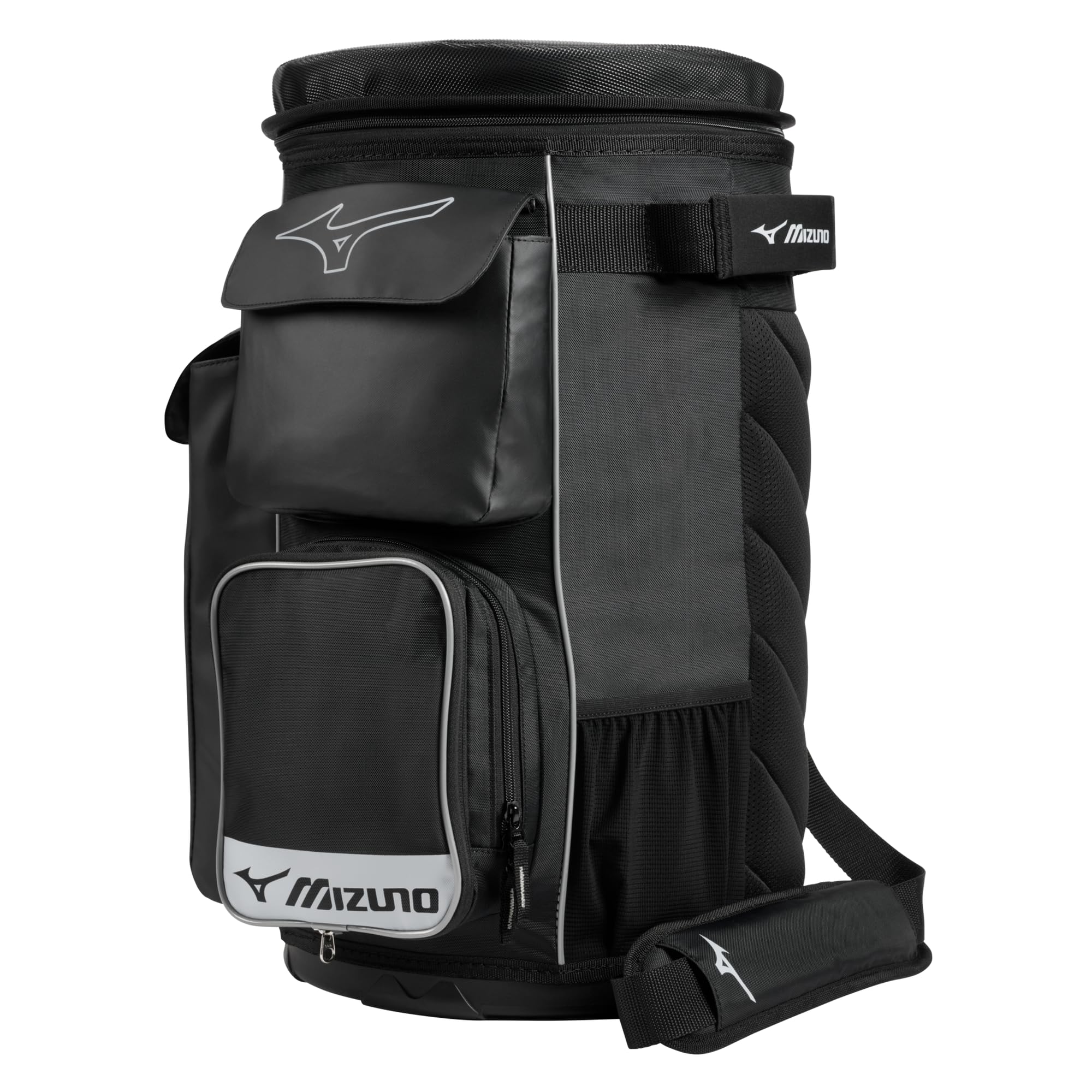 Mizuno Coach's Bucket Elite, showing the main black bucket with a padded seat top, shoulder strap, and side pockets.
