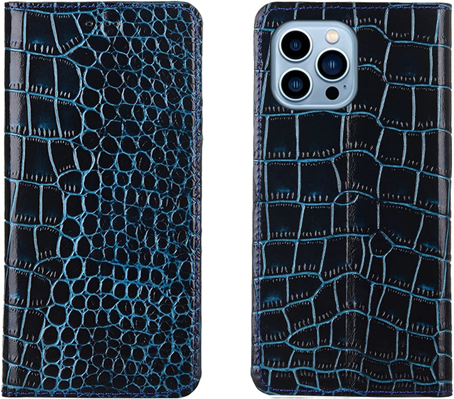 Étui iPhone 14 Pro Max antichoc en cuir véritable bleu protégeant l'écran - 7
