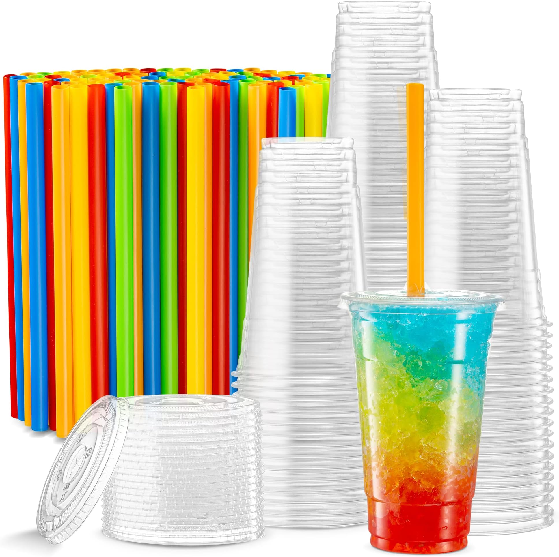 [40 Sets - 24 Oz] Crystal Clear PET Plastic Cups With Flat lids & Straws for Iced Coffee, Cold Drinks, Milkshake, Slush Cup, Smoothy's, Slurpee, Party's, Plastic Disposable Cups