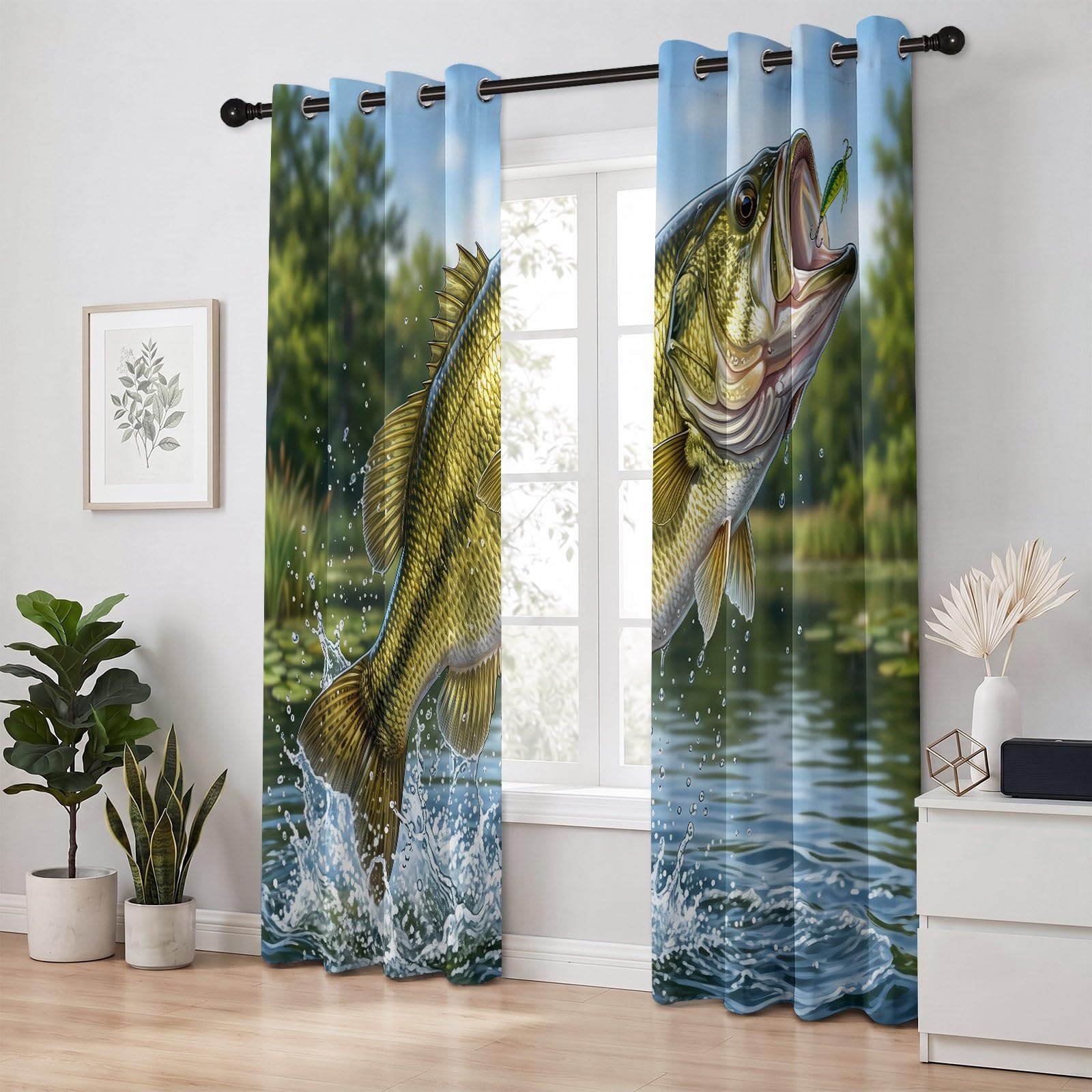 Realistic Wildlife - Cortinas 100 % opacas, 2 paneles, 46 pulgadas de ancho x 54 pulgadas de largo, para entusiastas de la pesca de lubina, con ojales, aislamiento térmico, ahorro de energía, para