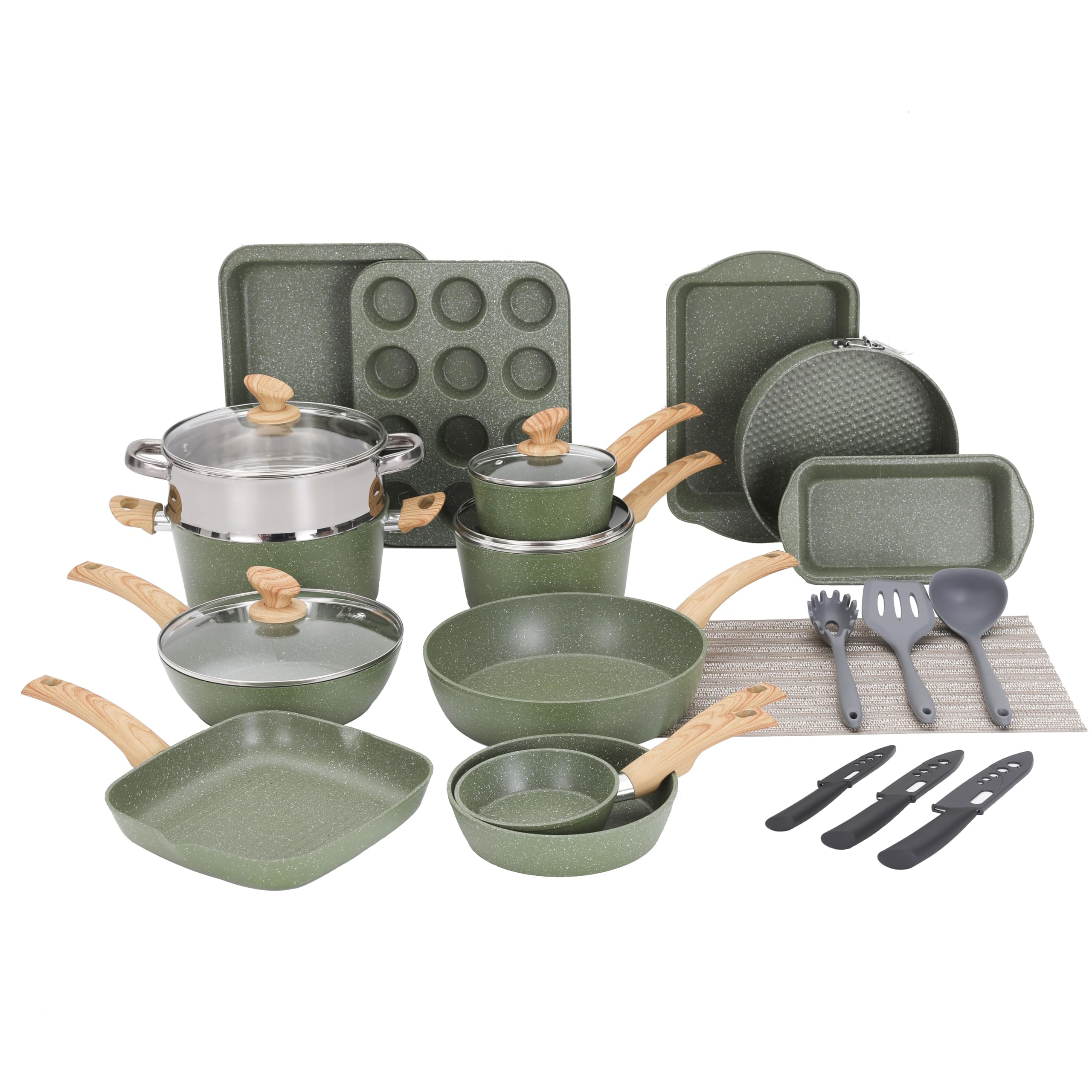 MAISON ARTS 30 Piece Pots and Pans Set Non Stick, Kitchen Cookware & Bakeware Sets with Nonstick Granite Coating, Baking Tray, Frying Pan and Saucepan, Green
