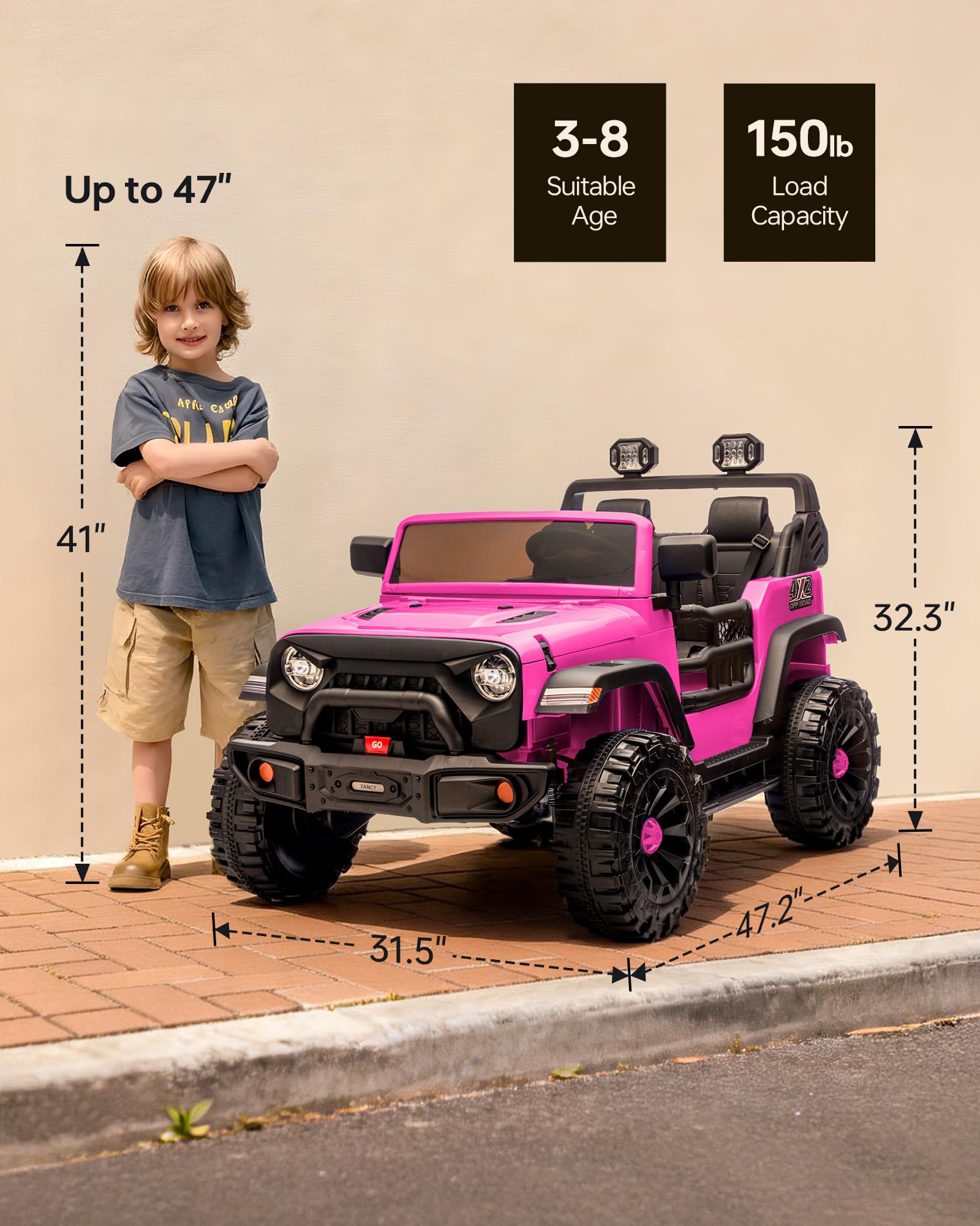 2 Seater Ride on Car Toy, 12V Electric Car for Kids 4-8 with Remote Control, Capacity 150 lb, LED Light - Hot Pink