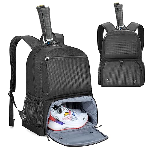 Dsleaf tennis bag holds 2 rackets, tennis backpack with separate ventilated shoe compartment up to mens 13 for tennis/pickleball/badminton/squash sports