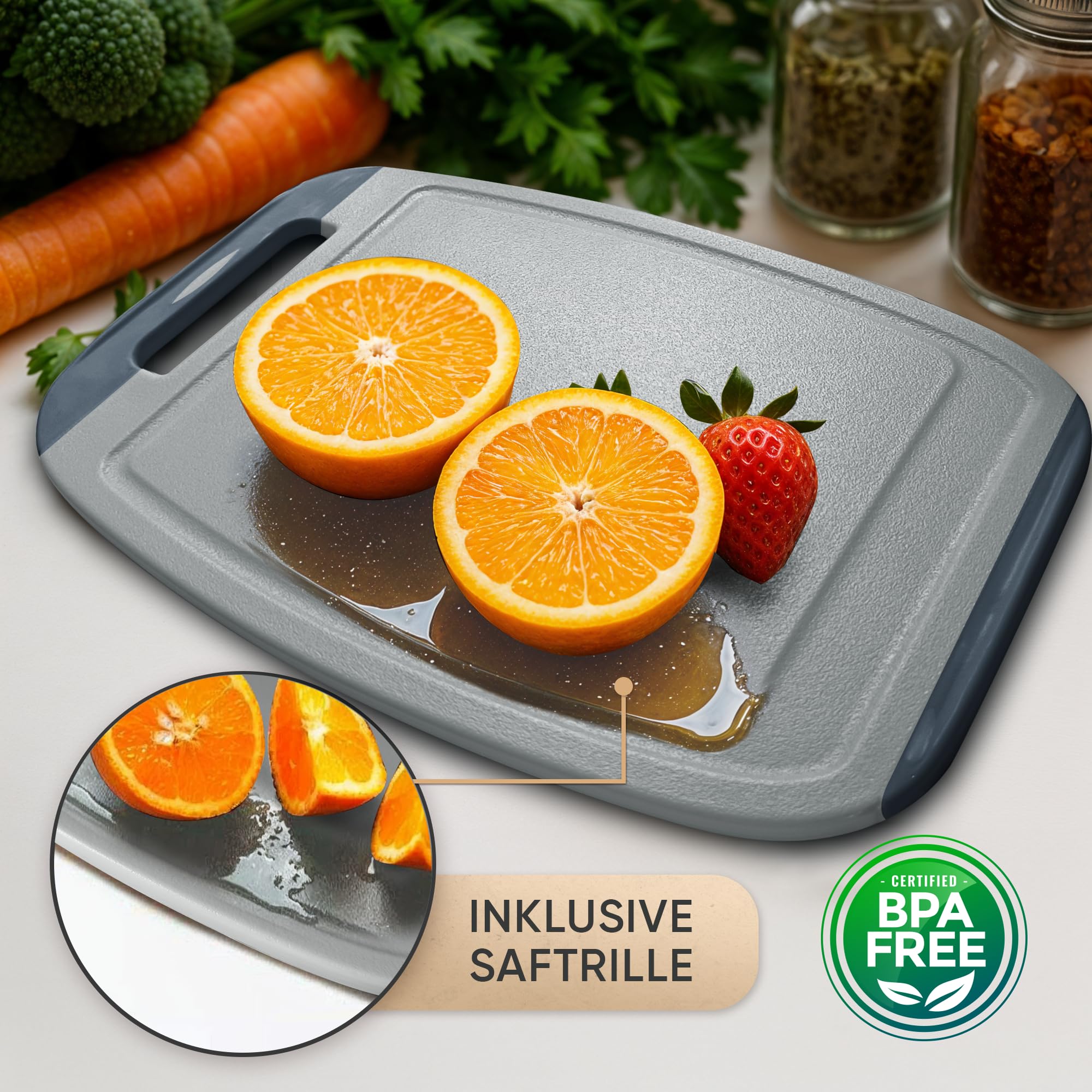 NEOFLAM® Tabla de cortar de plástico grande, mediana y pequeña – Tablas de cortar aptas para lavavajillas, juego de 3 piezas, sin BPA, tabla de cortar con mango y ranura para jugo, antibacteriana con