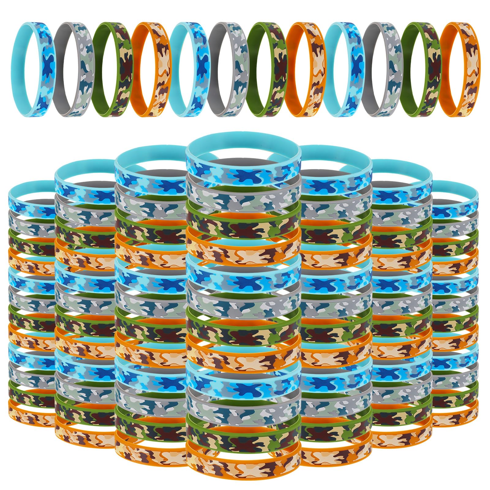 Inbagi 100 Pcs Camouflage Army Rubber Bracelets Camouflage 4 Styles Assorted Wristbands Camo Military Stretch Rubber Bracelets for Men Kids Women Army Party Gifts Birthday Party Decorations Supplies