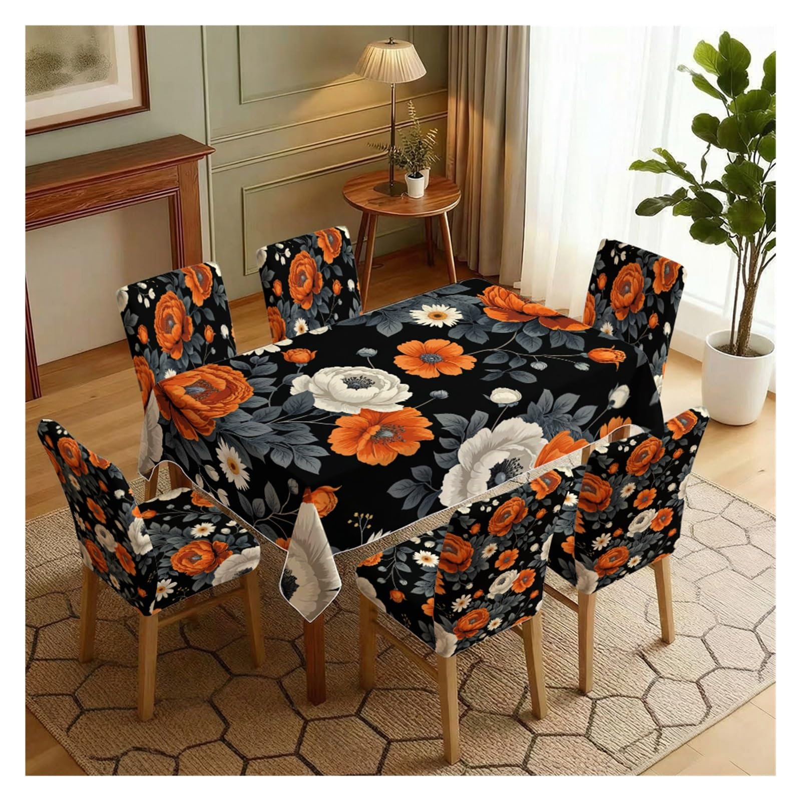 BOSUYBN Stretch Dining Chair Slipcover & Tablecloth Set, Black Base Orange White Peony Floral Print, 5/7 Pack, Moody Vintage Farmhouse Home Decor Table Setting(7pcs Set: Tablecloth+Chair Covers)
