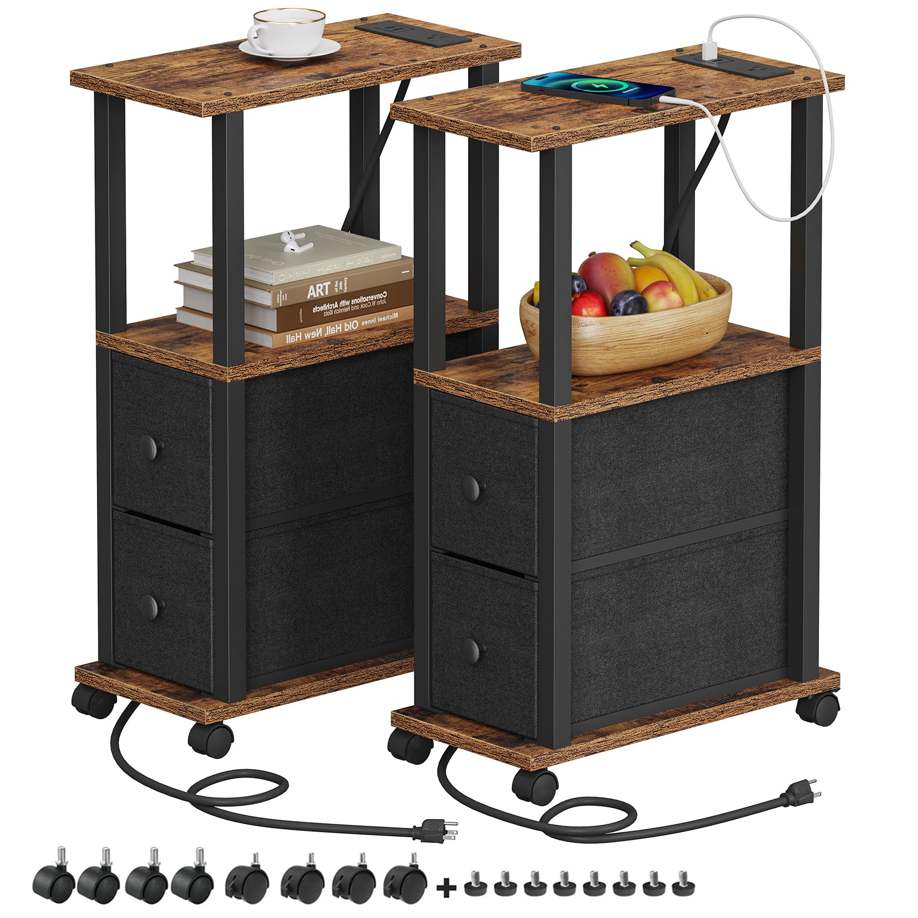 TUTOTAK Small Narrow End Tables, Side Tables with 2 Fabric Drawers, Set of 2, Bedside Tables with Charging Station for Small Spaces, Slim Nightstands