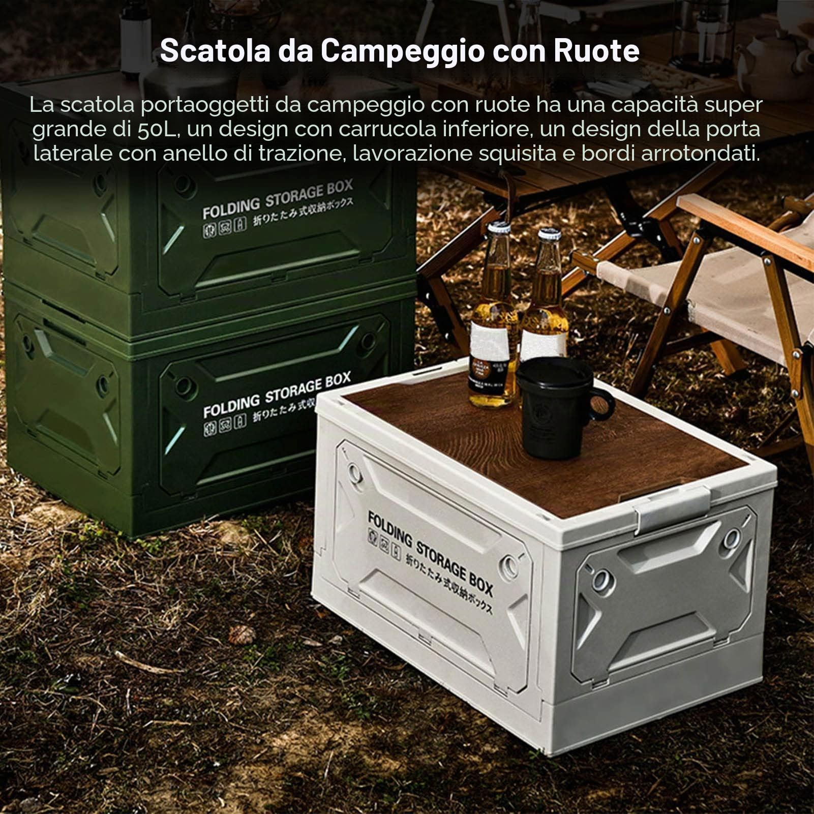 Ejoyous Scatola Portaoggetti da Campeggio con Coperchio in Legno, Scatola da da Campeggio da 50 Litri Scatola da Campeggio con Baule a 4 Ruote, Pieghevole, per Auto, Campeggio,