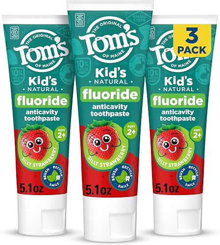 Tom’s of Maine Natural Kids Fluoride Toothpaste, 3 Pack, For