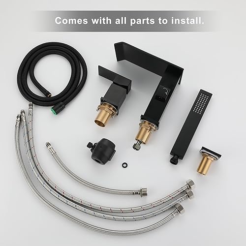 Vista 7 de Grifo de bañera romana en cascada con ducha de mano, grifo de bañera negro mate, 3 agujeros, relleno de bañera generalizado, montaje en cubierta