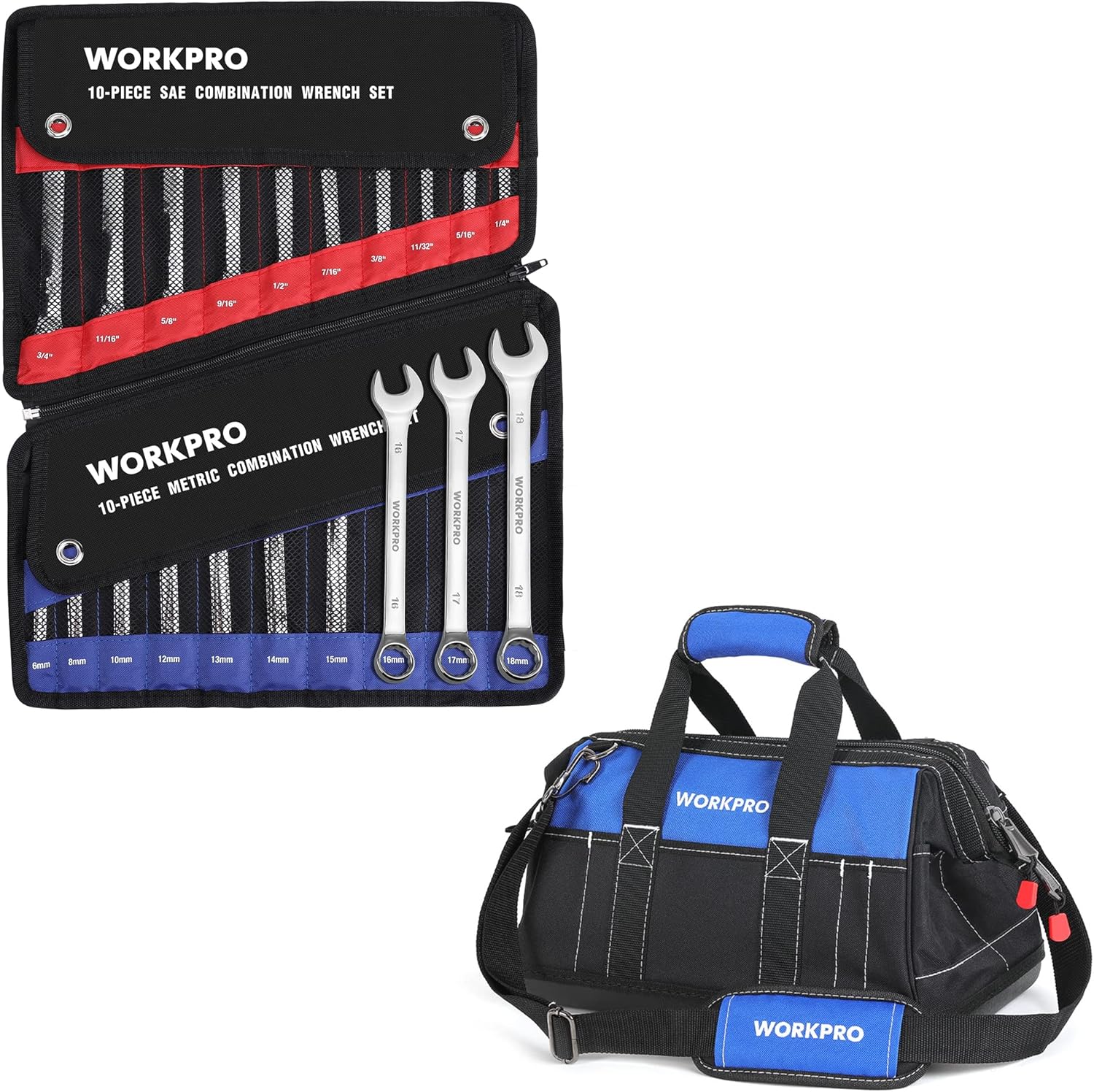WORKPRO 16-inch Wide Mouth Tool Bag + WORKPRO 20-Piece Combination Wrench Set, SAE & Metric