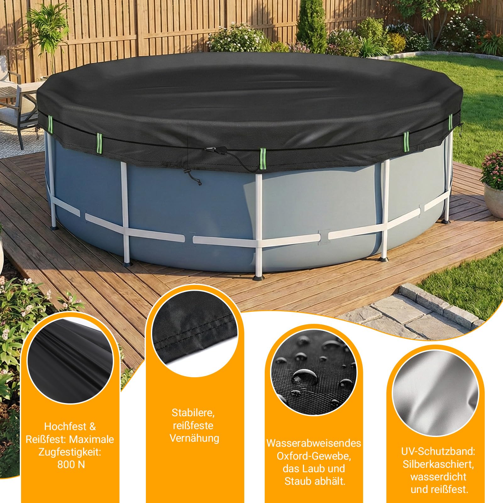 2026 Upgrade Poolabdeckung Rund 366 cm – mit Reflexstreifen und Eine gewogen Werden& 210D Oxford | Ganzjahresplane für Sommer und Winter (schwarz, 366CM)