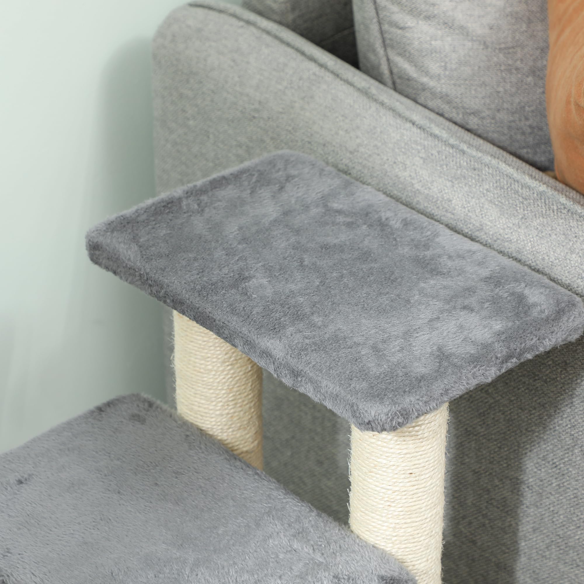 PawHut Escalera para Mascotas Ajustable de 3/4 Peldaños, Escalera para Gatos con Postes Rascadores y Bola Colgante, para Alféizares, Sofá y Cama, Gris