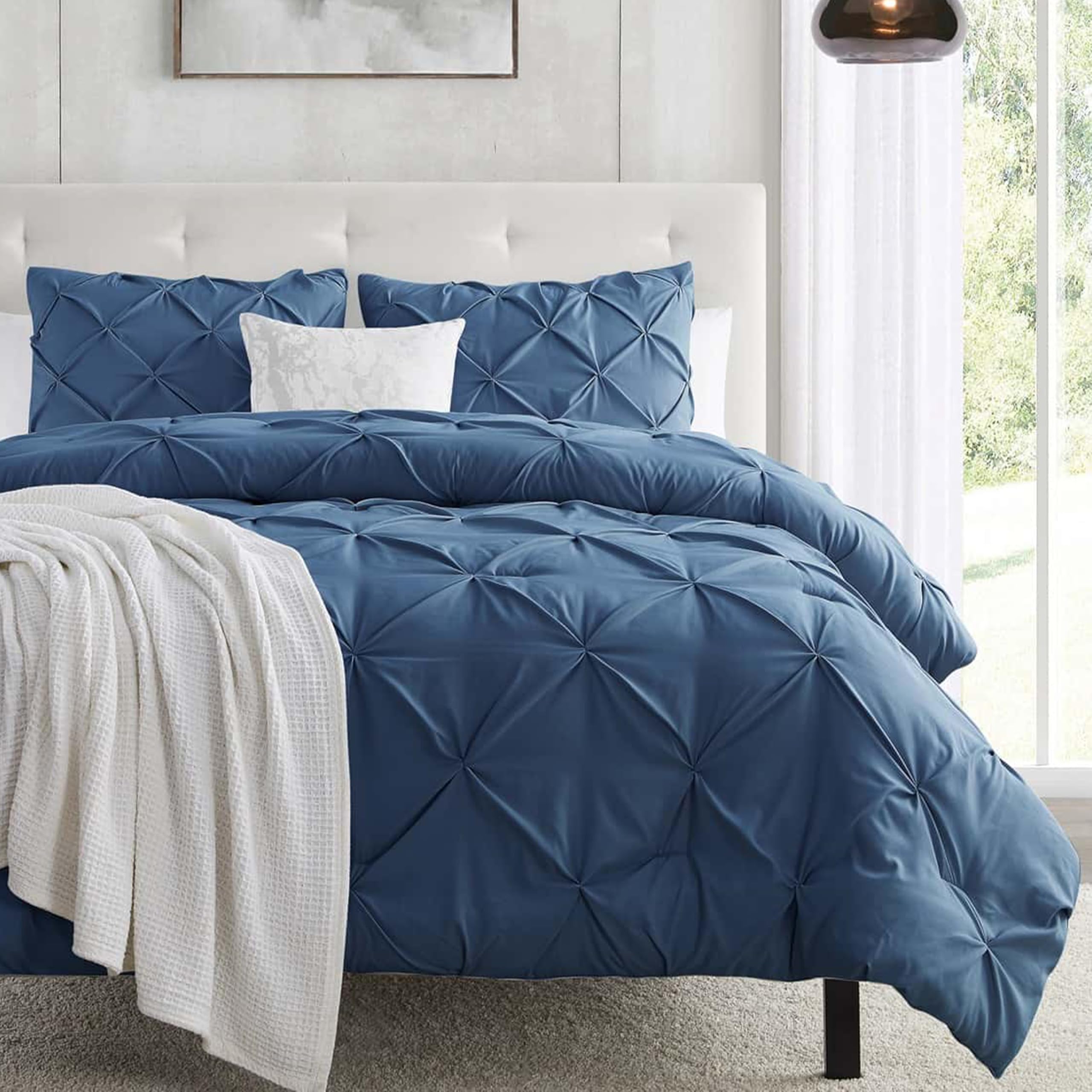Nestl Navy Blue Duvet Cover Queen Size - Soft Double Brushed Duvet Set with Button Closure & Corner Ties, 3 Piece Luxurious Pinch Pleated Duvet Cover Set 90x90 Inches with 2 Pillow Shams