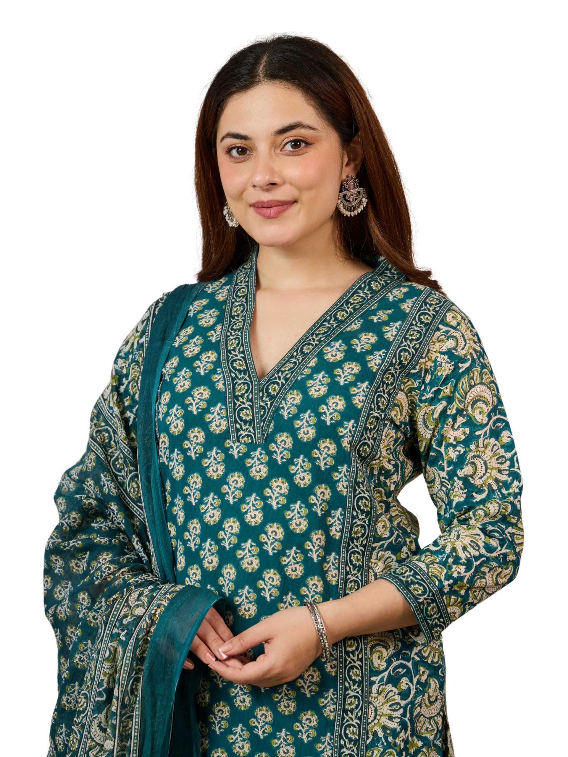 Arayna Women’s Cotton Printed Kurta Set with Pants & Dupatta | Elegant Ethnic Wear for Women | Floral Print | Comfortable Suit Set