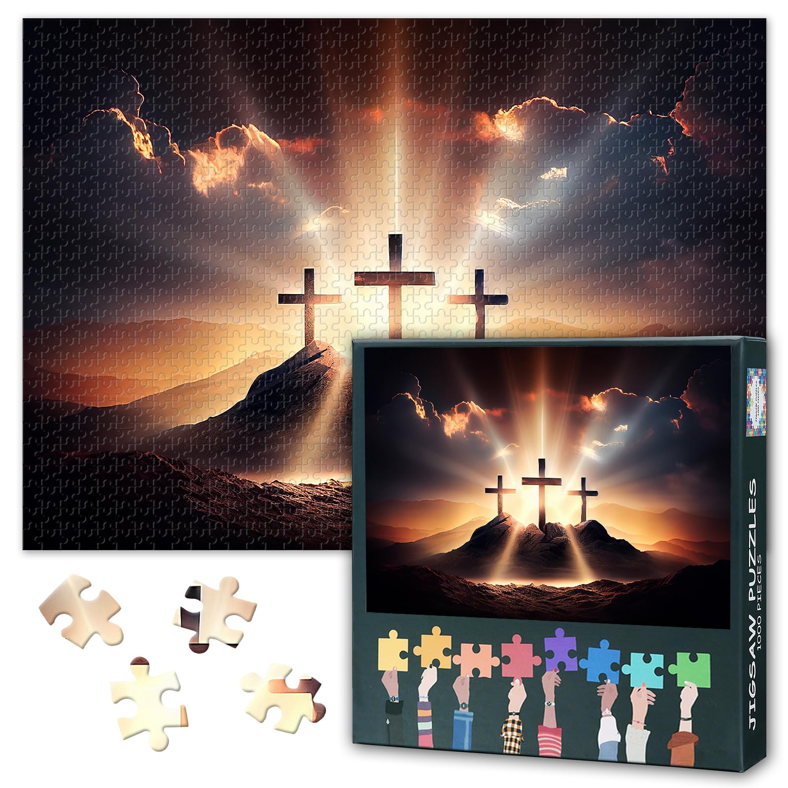 1000 Piece Jigsaw Puzzle for Adults Christian Wall Decor Jesus Portrait and Cross Painting Serene Living Room Artwork Faith Based Home Decor Large Size 27.5x19.7 Inch