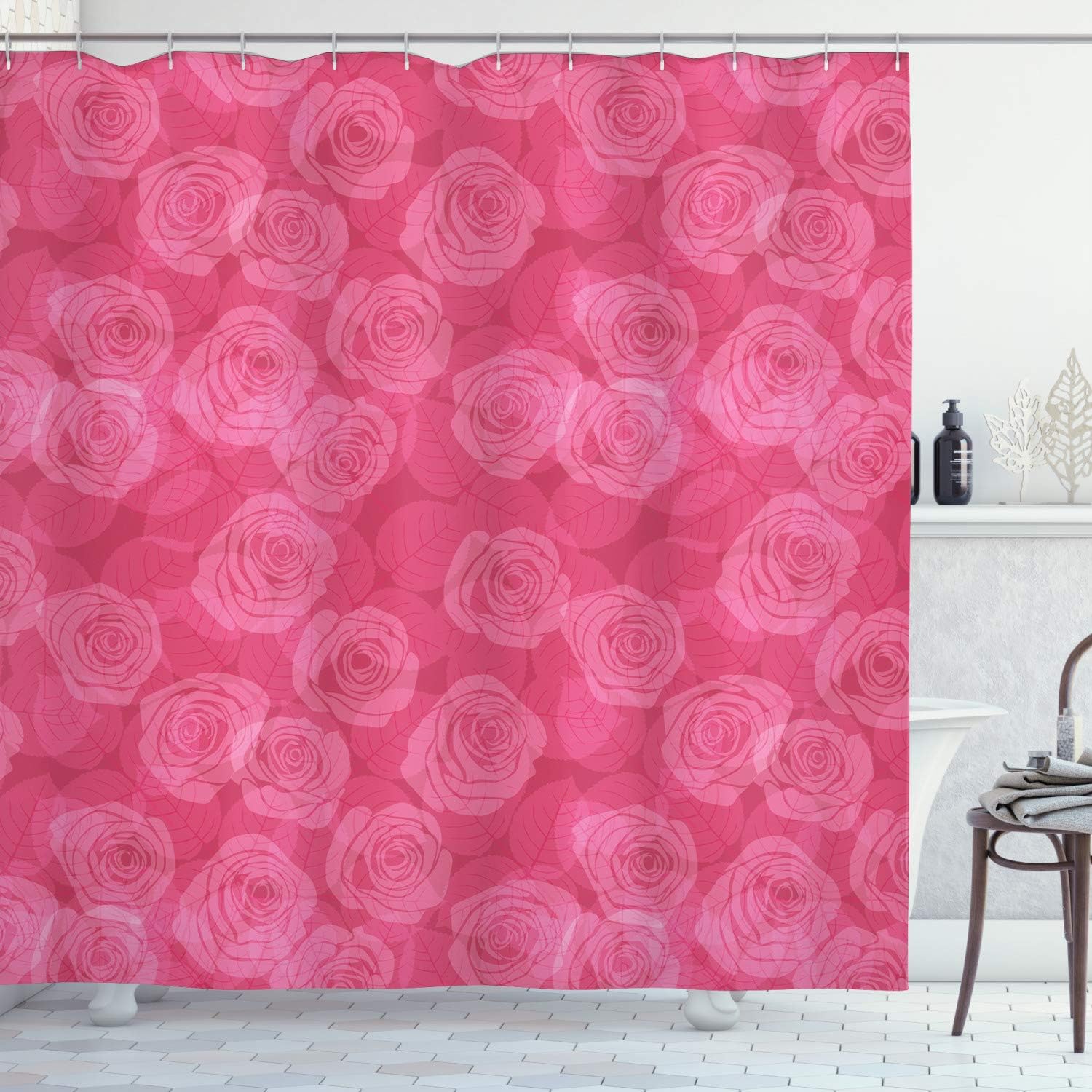 ABAKUHAUS Rose Shower Curtain, Shades of Pink with Gentle Seasonal Flora Romance Love Theme Valentine's Day Inspired Design