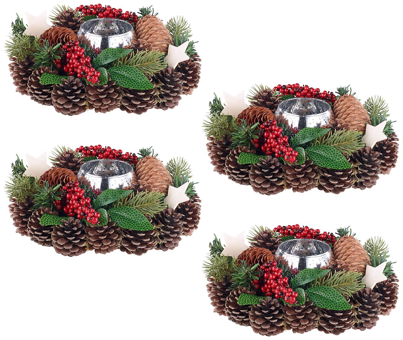 Weihnachts-Dekoset – 4 Handgefertigte Adventsgestecke Mit Tannenzapfen & Holzsternen, Ø 23 Cm, Inkl. Teelichthalter