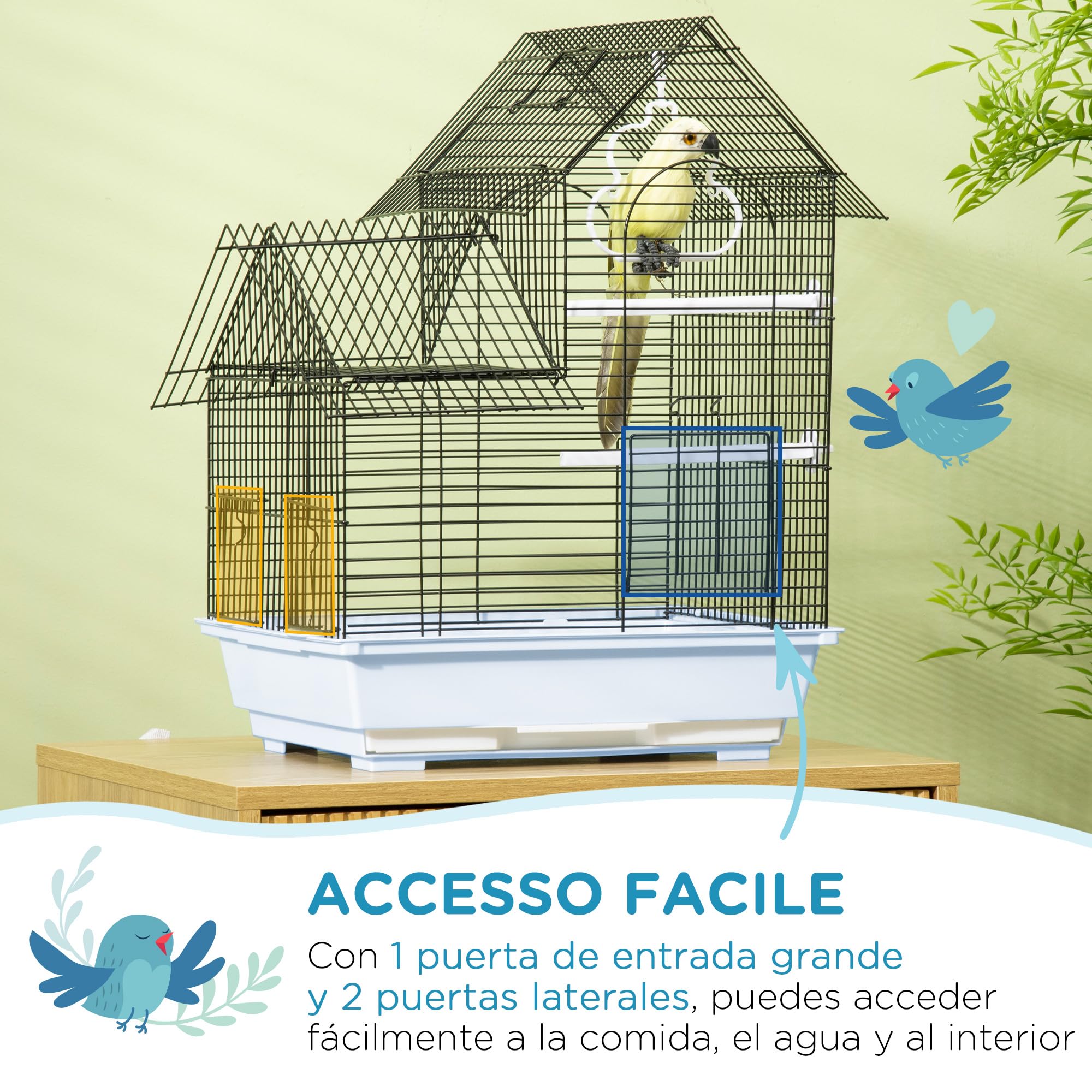 PawHut Gabbia per Uccelli con Vassoio Estraibile, Voliera Per Uccelli in Metallo e Plastica con Pioli e Altalena, 39x33x47cm, Bianco