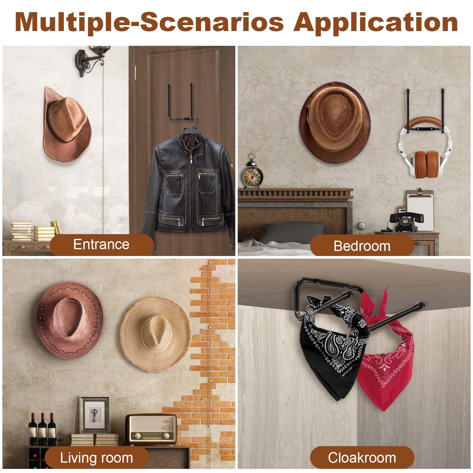Fikoksol - Juego de 4 soportes para sombreros de vaquero para colgar sombreros de paja de ala ancha occidental - Adhesivo de pared para armario de pared