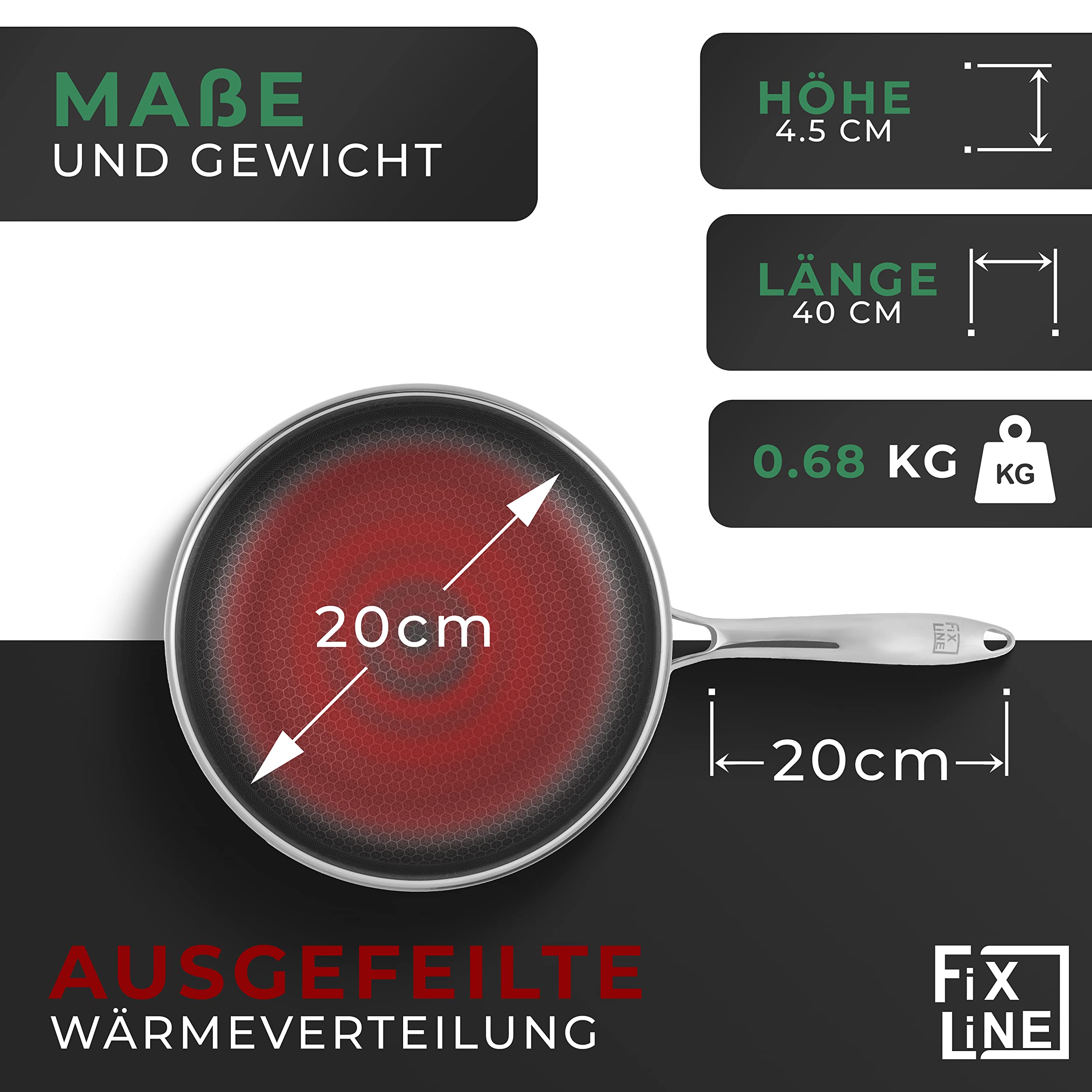FIXLINE® Premium Wabenpfanne Ø20cm - alle Herdarten inkl. Induktion - kratzfeste Antihaftbeschichtung - Backofen bis 250℃ - edles Wabendesign - Allrounder Pfanne für jeden Einsatz